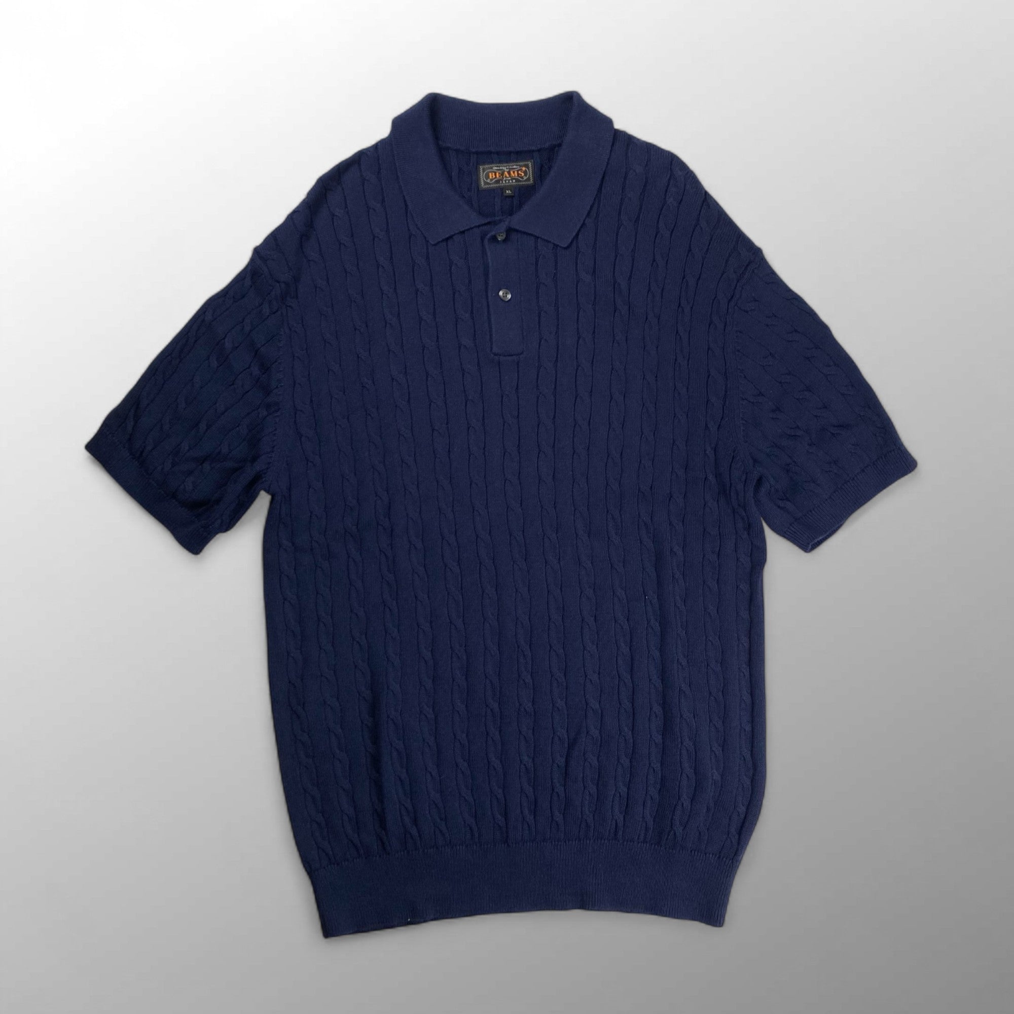新品タグ付き　BEAMS+　ニットポロシャツ　ケーブル編み　ネイビー　XL ケーブル編み』×『メッシュ調』×『カシミヤ混』｜BEAMS PLUS（ビームス