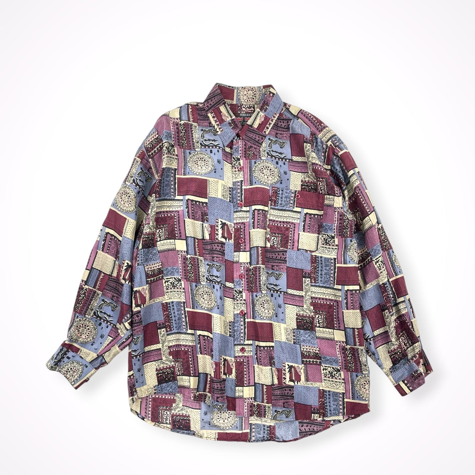 FIONA MACPHAIL / UKパッチワーク柄シルクシャツ モッズ 参考定価：18,000程度 SIZE:L