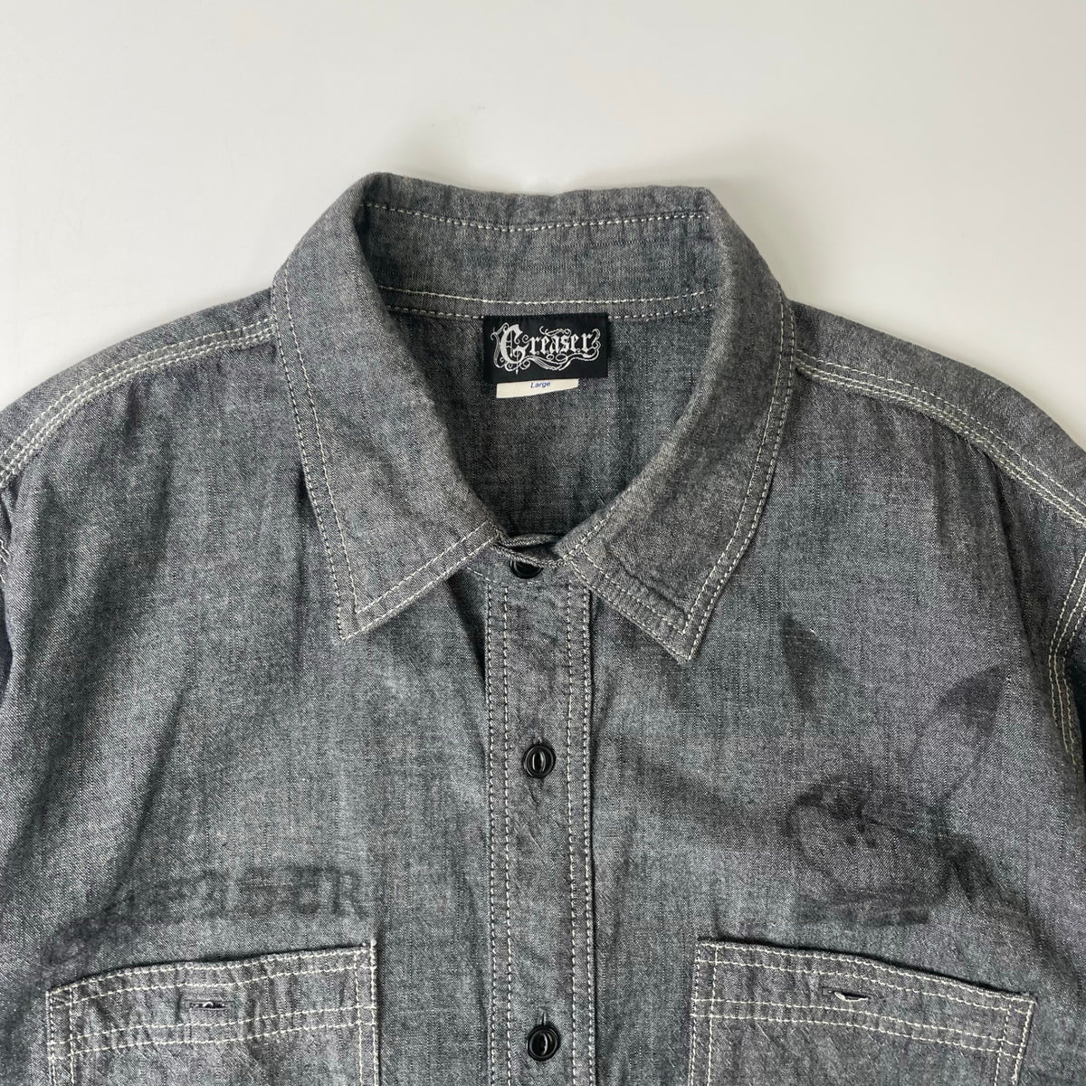 GREASER / グラフィックシャンブレーシャツ 参考定価：16,000程度 SIZE：L