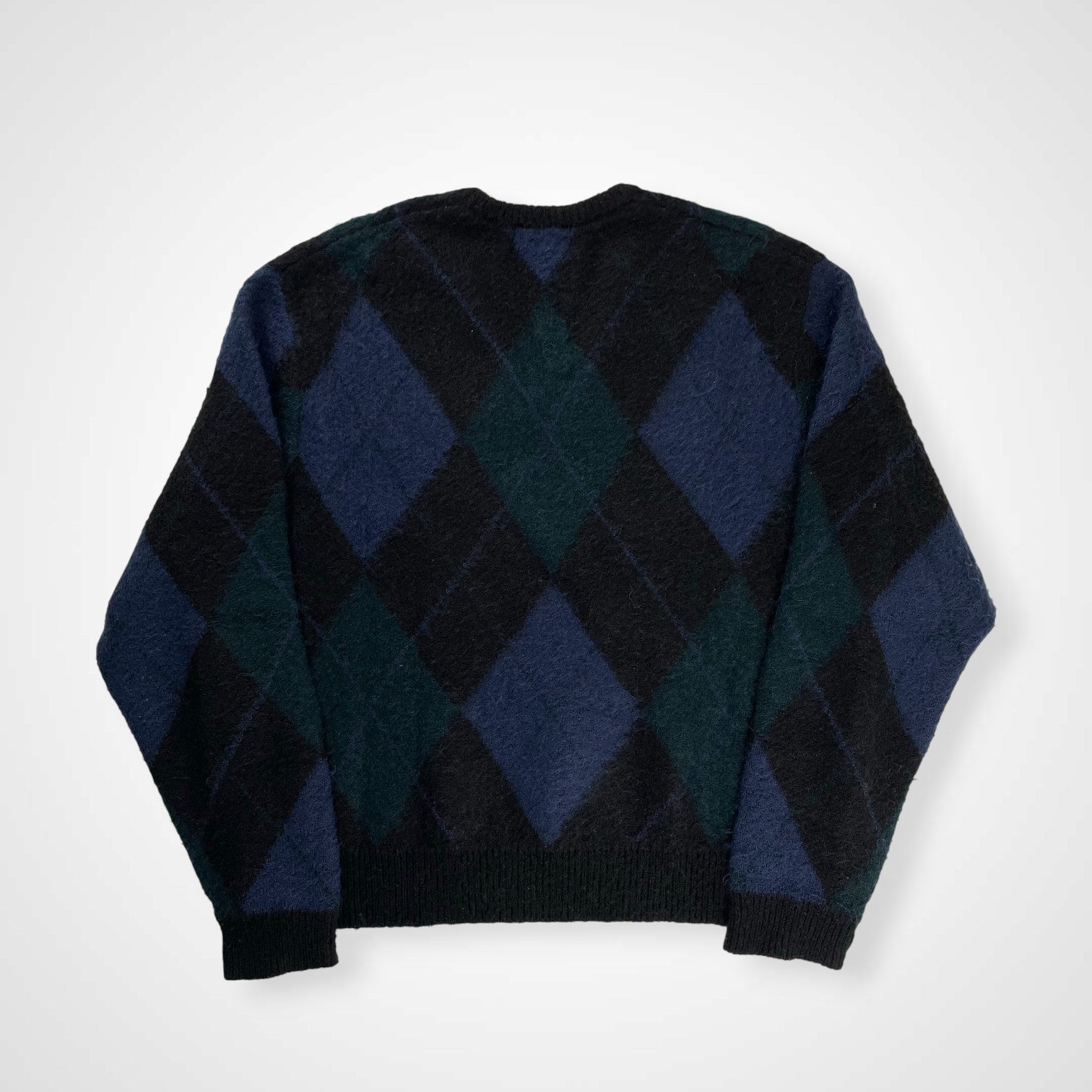 Gymphlex ジムフレックス / モヘヤMIXアーガイルVネック ネイビー×グリーン×ブラック 参考定価：16,000程度 SIZE：12