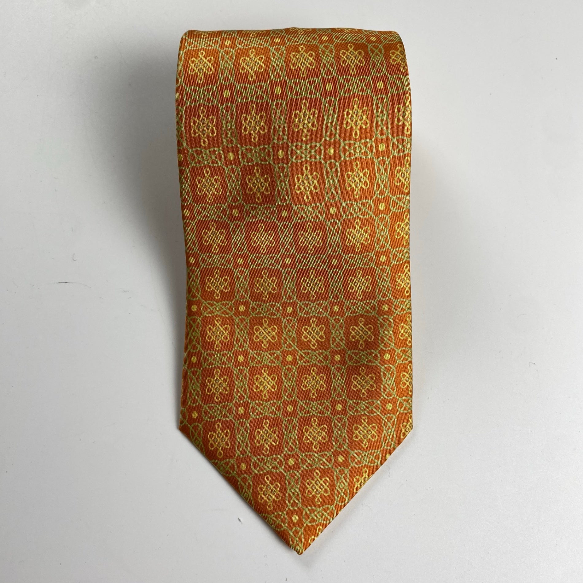 極美品 HERMES エルメス / 幾何学 シェーヌ ネクタイ オレンジ 大剣幅：9cm