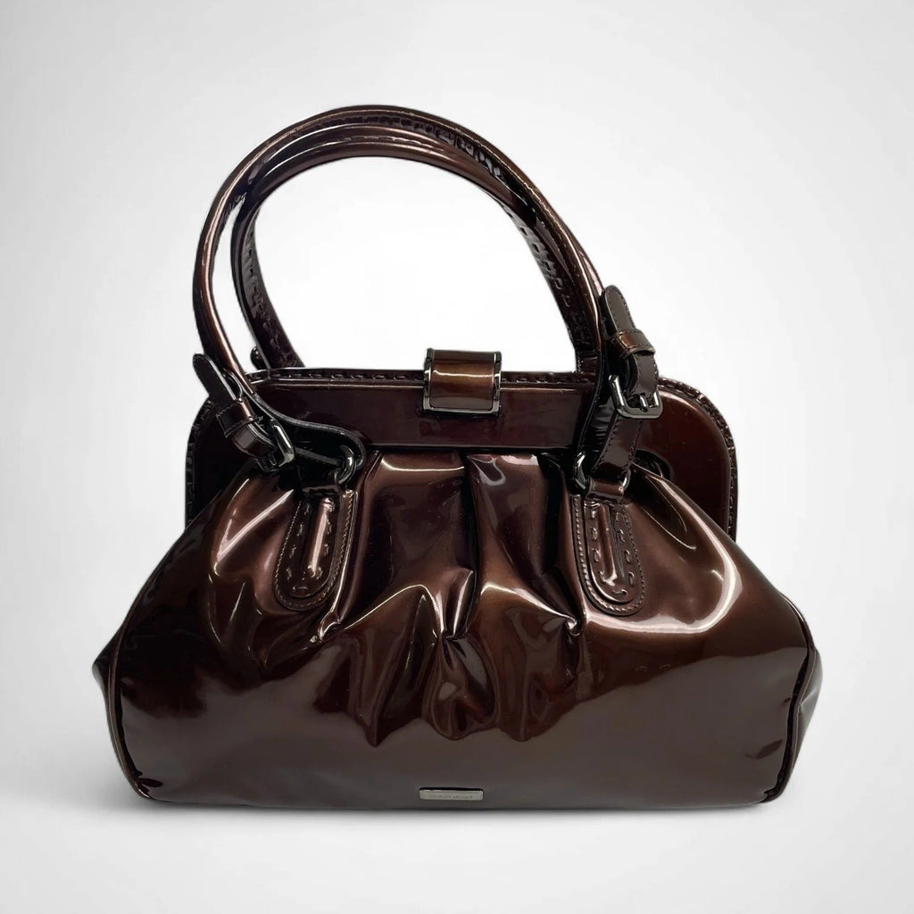 GIORGIO ARMANI ジョルジオ アルマーニ / パテントレザー ギャザードハンドバッグ がま口 YGW559 ブロンズ