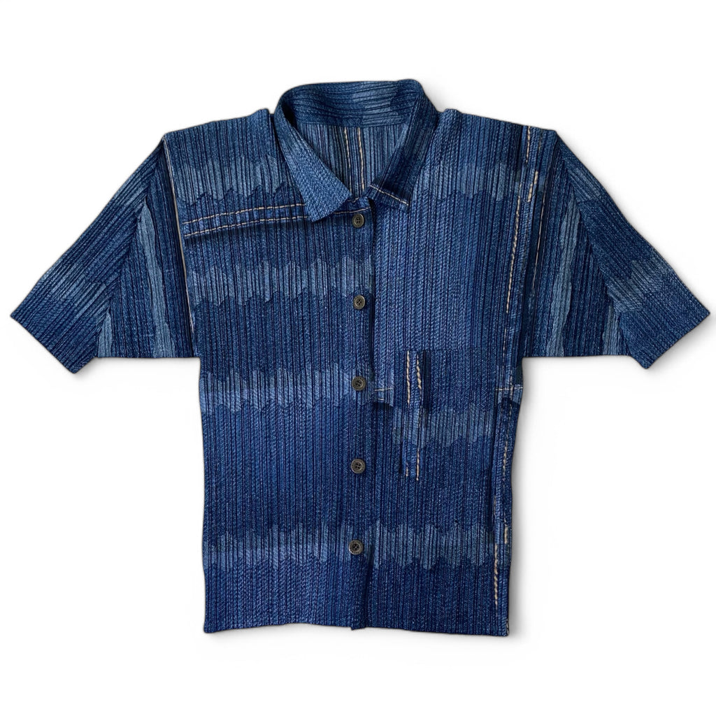 PLEATS PLEASE ISSEY MIYAKE プリーツプリーズ イッセイミヤケ パッチワーク デニム転写 プリーツ シャツ