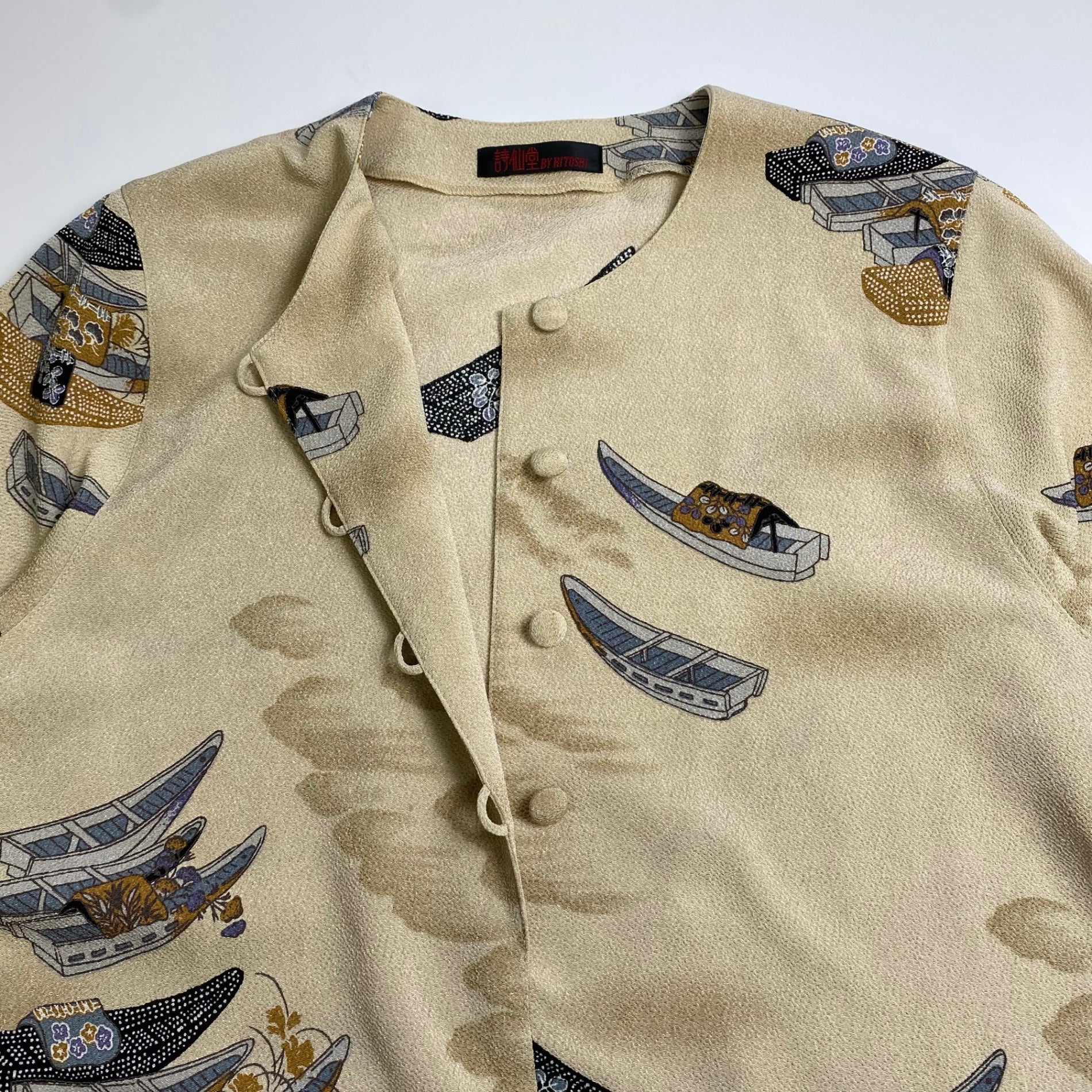 詩仙堂 BY HITOSHI TAMURA / 日本画 舟柄 ちりめん ワンピース くるみボタン 日本製 参考定価：35,000程度