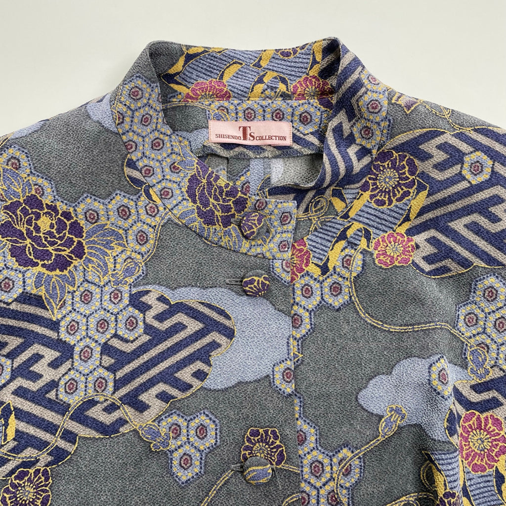 詩仙堂 SHISENDO COLLECTION / ちりめん ノーカラージャケット ブルー 日本製 参考定価：30,000程度 SIZE:FREE