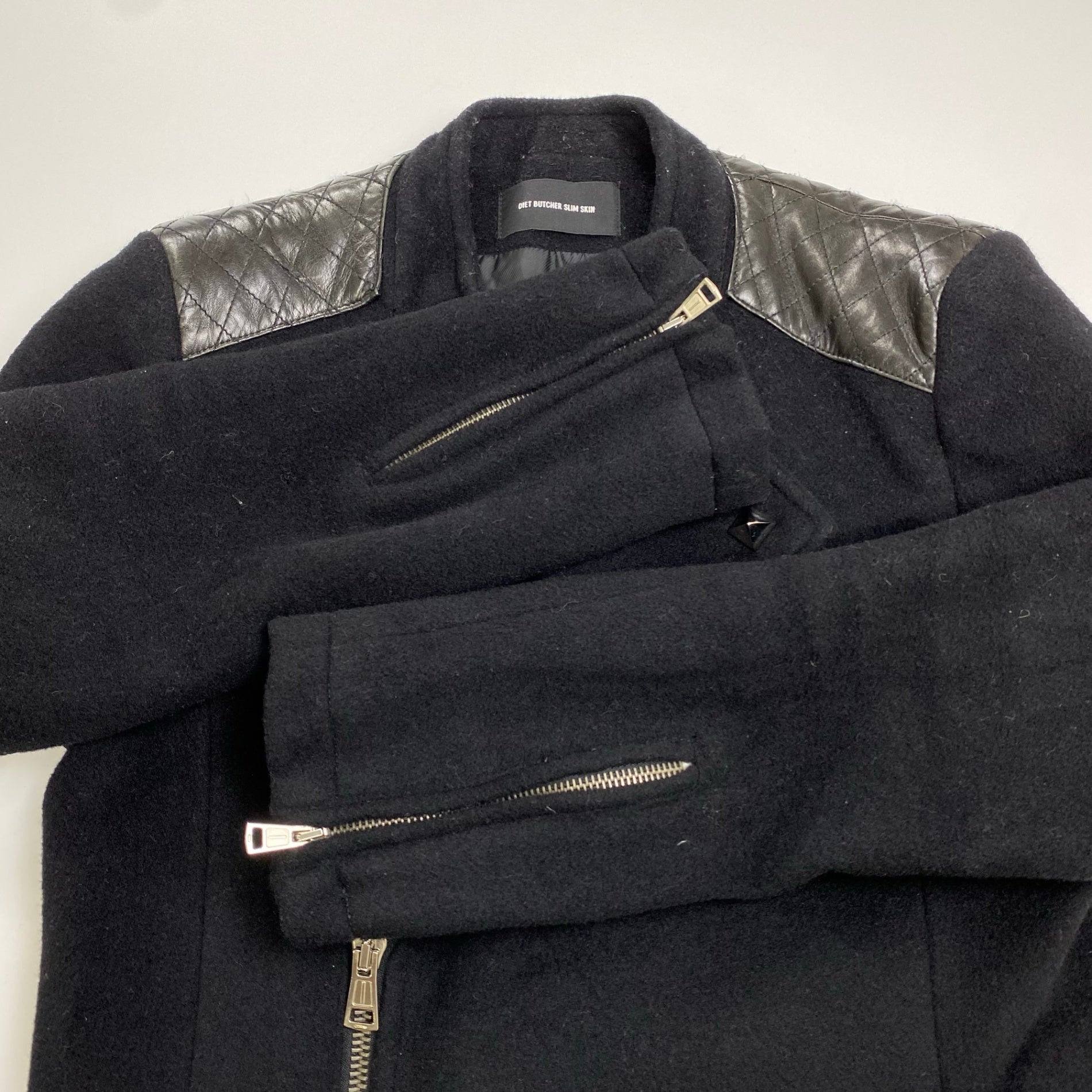 DIET BUTCHER SLIM SKIN ダイエットブッチャー スリムスキン / メルトン ライダースコート スタッズ レザー切替 ブラック SIZE：1