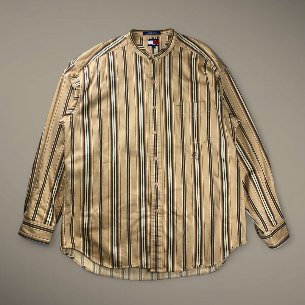 90s OLD TOMMY HILFIGER トミーヒルフィガー / ストライプ  ビッグシルエットシャツ ノーカラー バンドカラー エンブレム  SIZE：L（XXL程度）