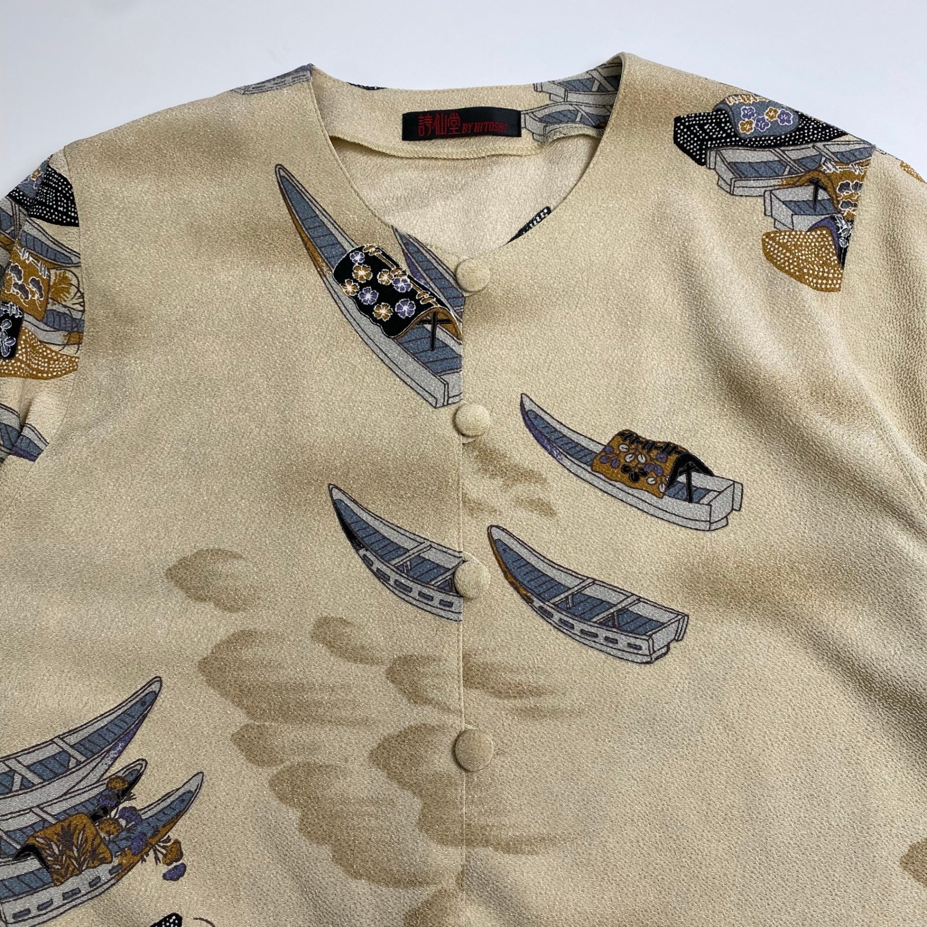 詩仙堂 BY HITOSHI TAMURA / 日本画 舟柄 ちりめん ワンピース くるみボタン 日本製 参考定価：35,000程度