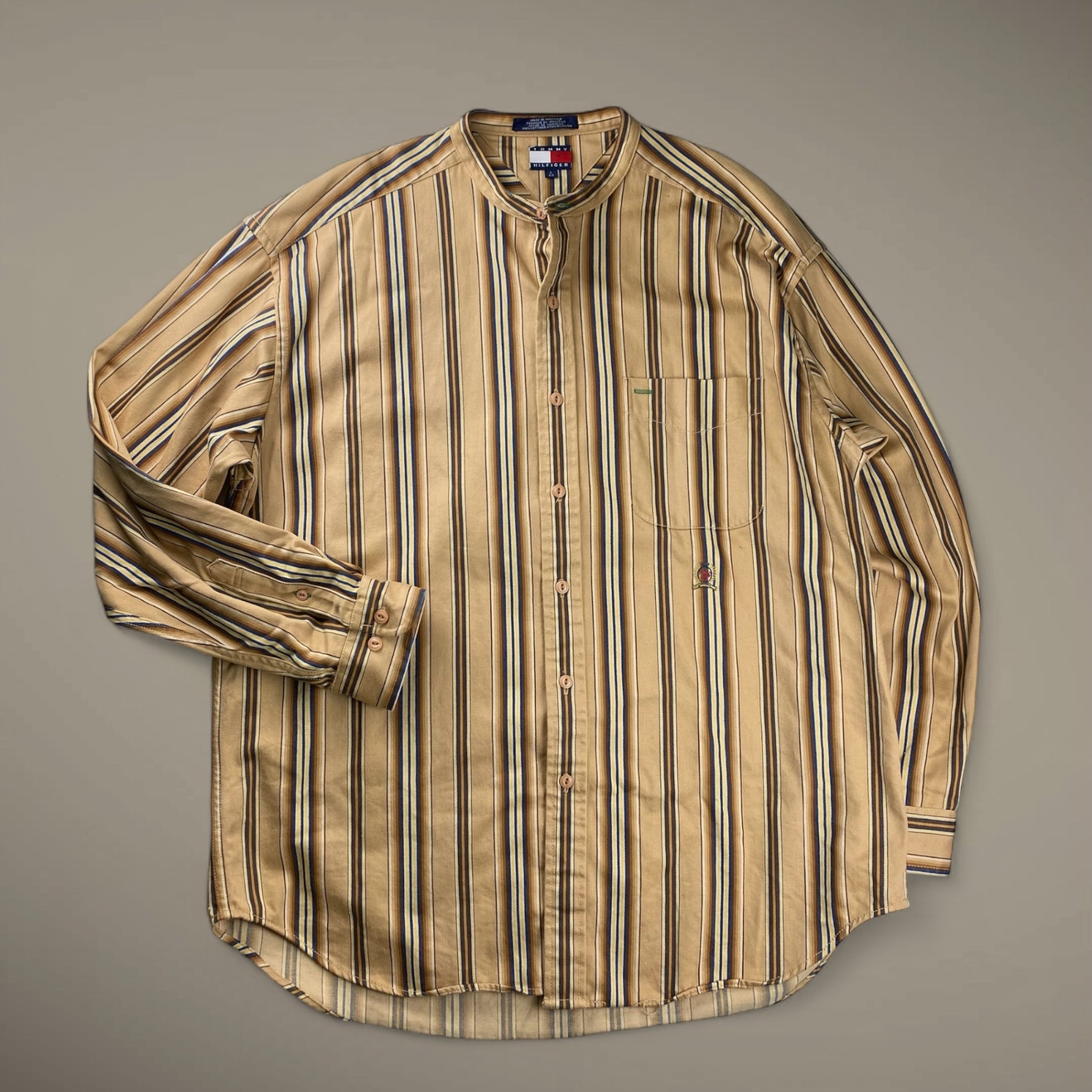 90s OLD TOMMY HILFIGER トミーヒルフィガー / ストライプ  ビッグシルエットシャツ ノーカラー バンドカラー エンブレム  SIZE：L（XXL程度）