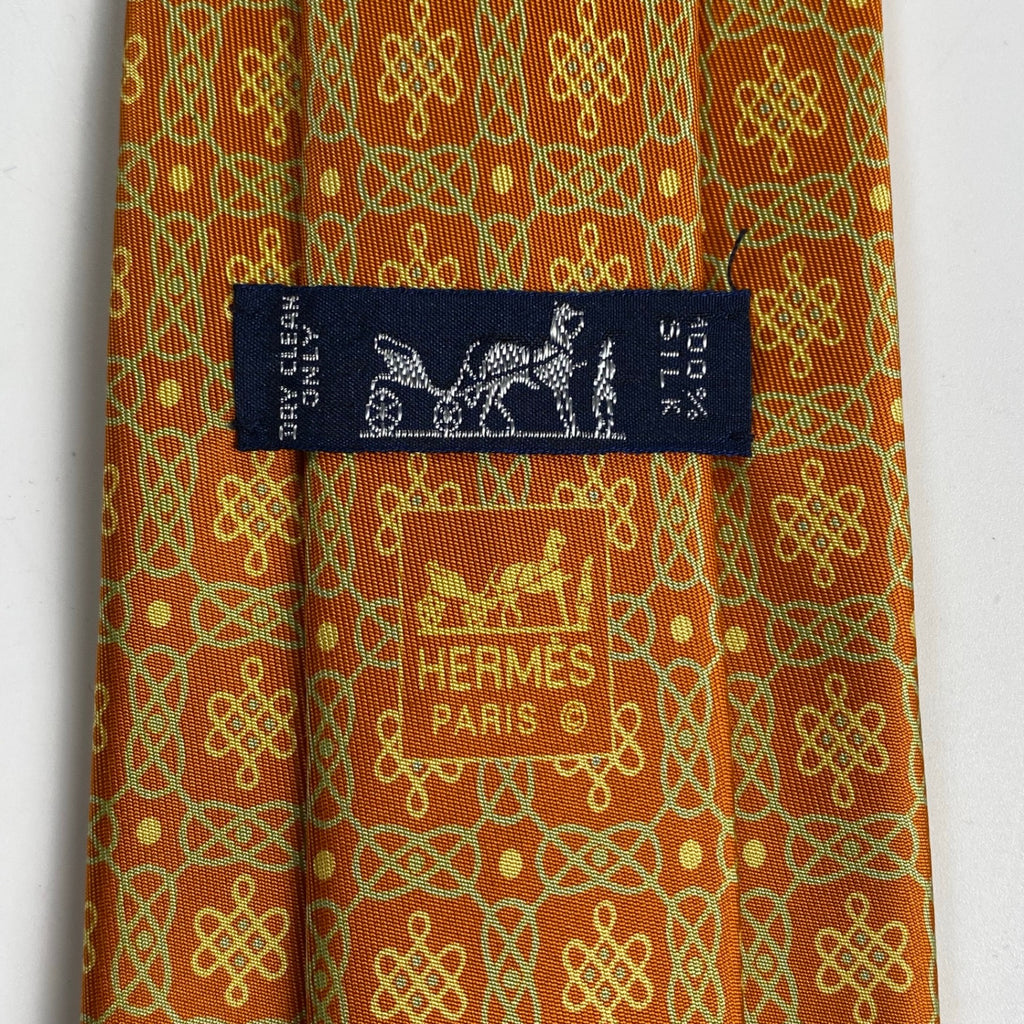 極美品 HERMES エルメス / 幾何学 シェーヌ ネクタイ オレンジ 大剣幅：9cm