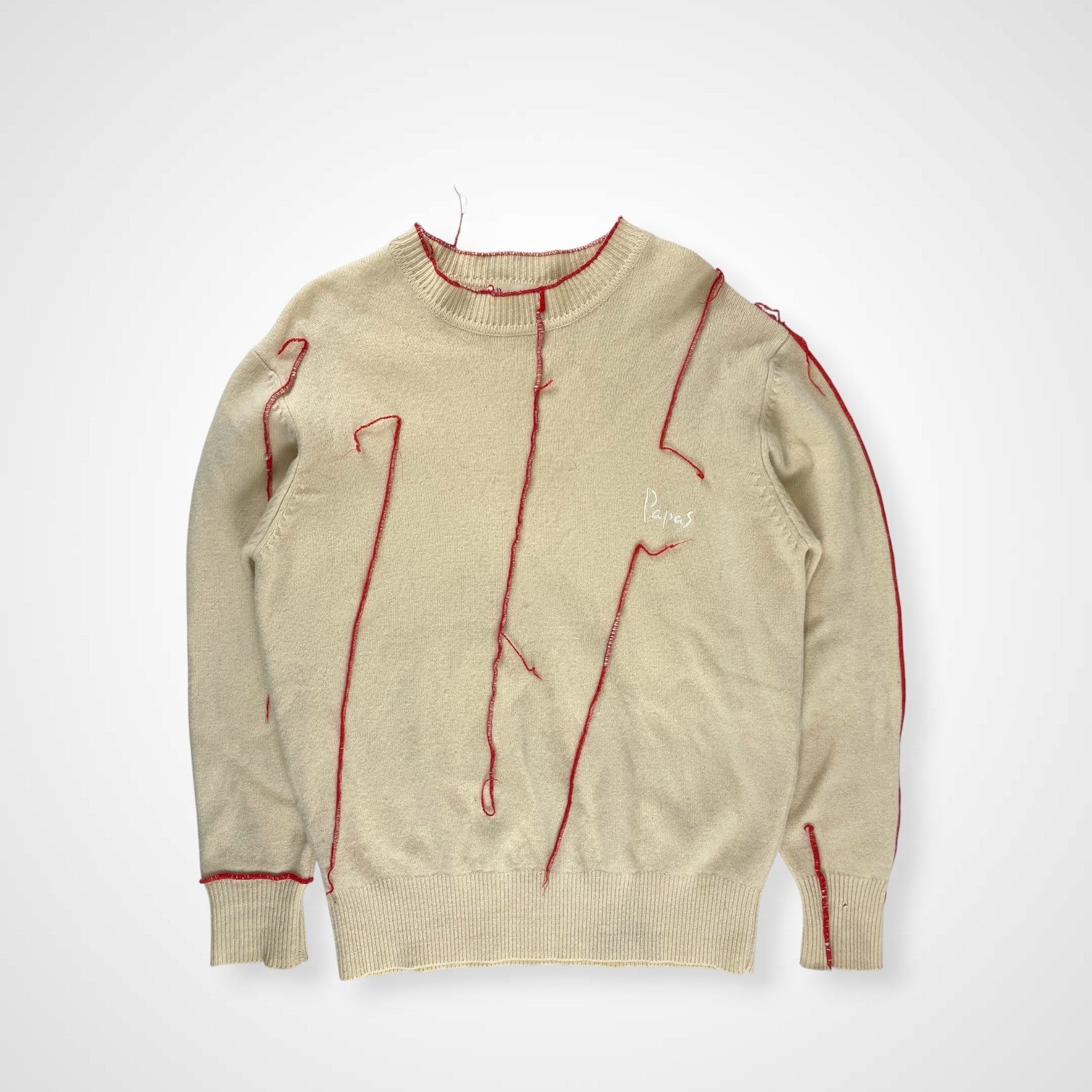 papas パパス /VINTAGE シームデザインラムウールニット オフホワイト×レッド SIZE：FREE