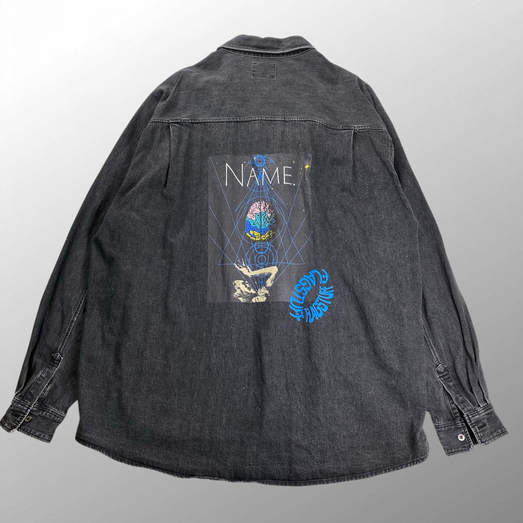 name. × FLAGSTAFF ネーム フラグスタフ / DENIM SHIRT コラボ グラフィックプリント デニムシャツ ブラック 参考定価：33,000+tax SIZE:2(FREE SIZE)