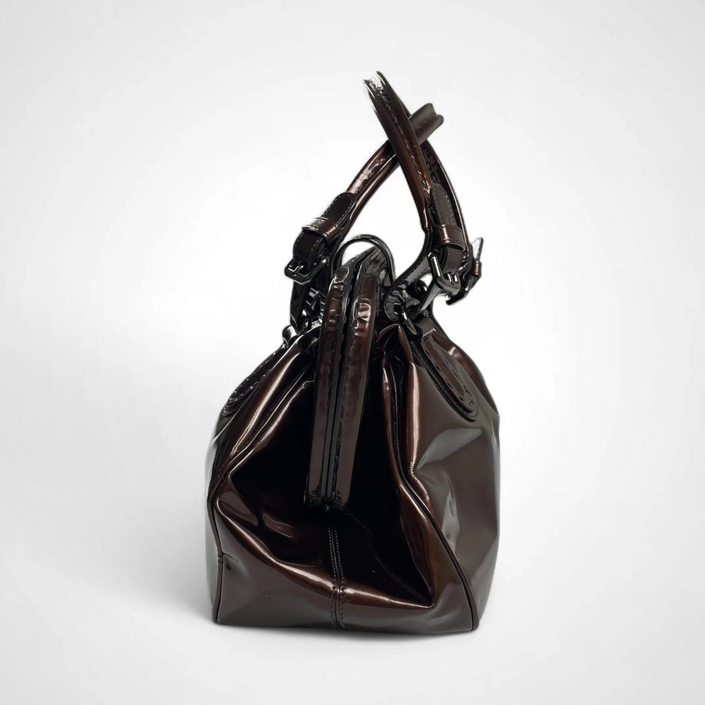 GIORGIO ARMANI ジョルジオ アルマーニ / パテントレザー ギャザードハンドバッグ がま口 YGW559 ブロンズ