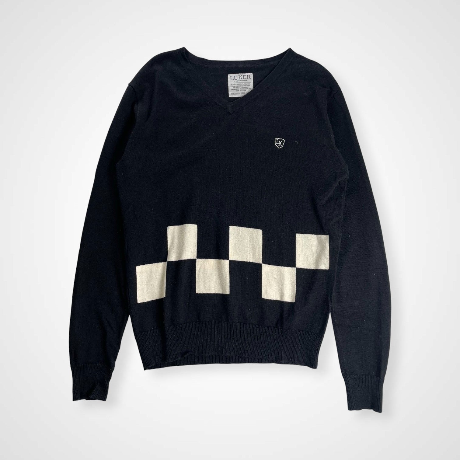 LUKER by NEIGHBORHOOD ルーカー バイ ネイバーフッド / Vネック チェッカーフラッグ柄ニット ブラック SIZE：M