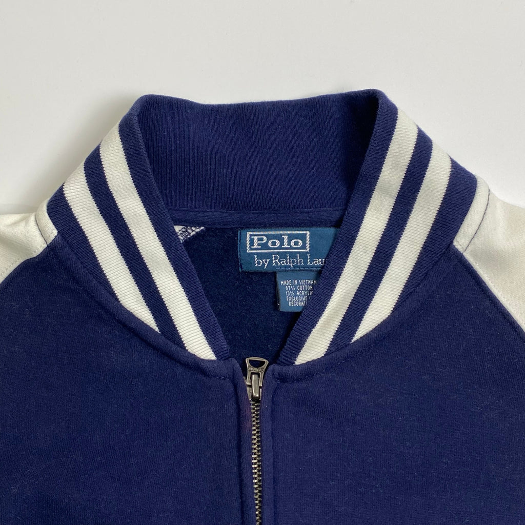 Polo by Ralph Lauren ポロ バイ ラルフローレン / 90s ジップアップスタジャン スウェットジャケット ネイビー×ホワイト CONMARジップ SIZE:S