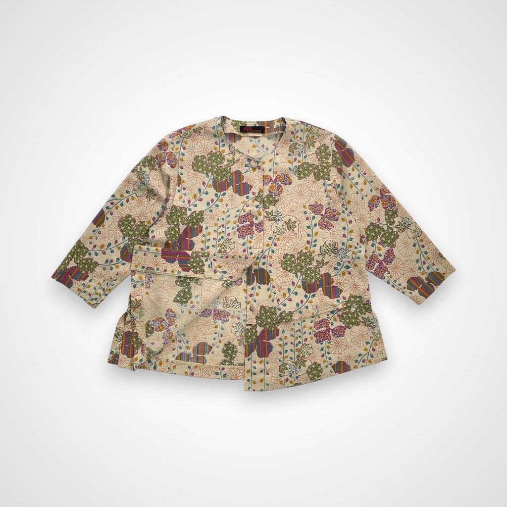 詩仙堂 / ちりめんノーカラージャケット 植物文様 日本製 参考定価：30,000程度 SIZE:FREE