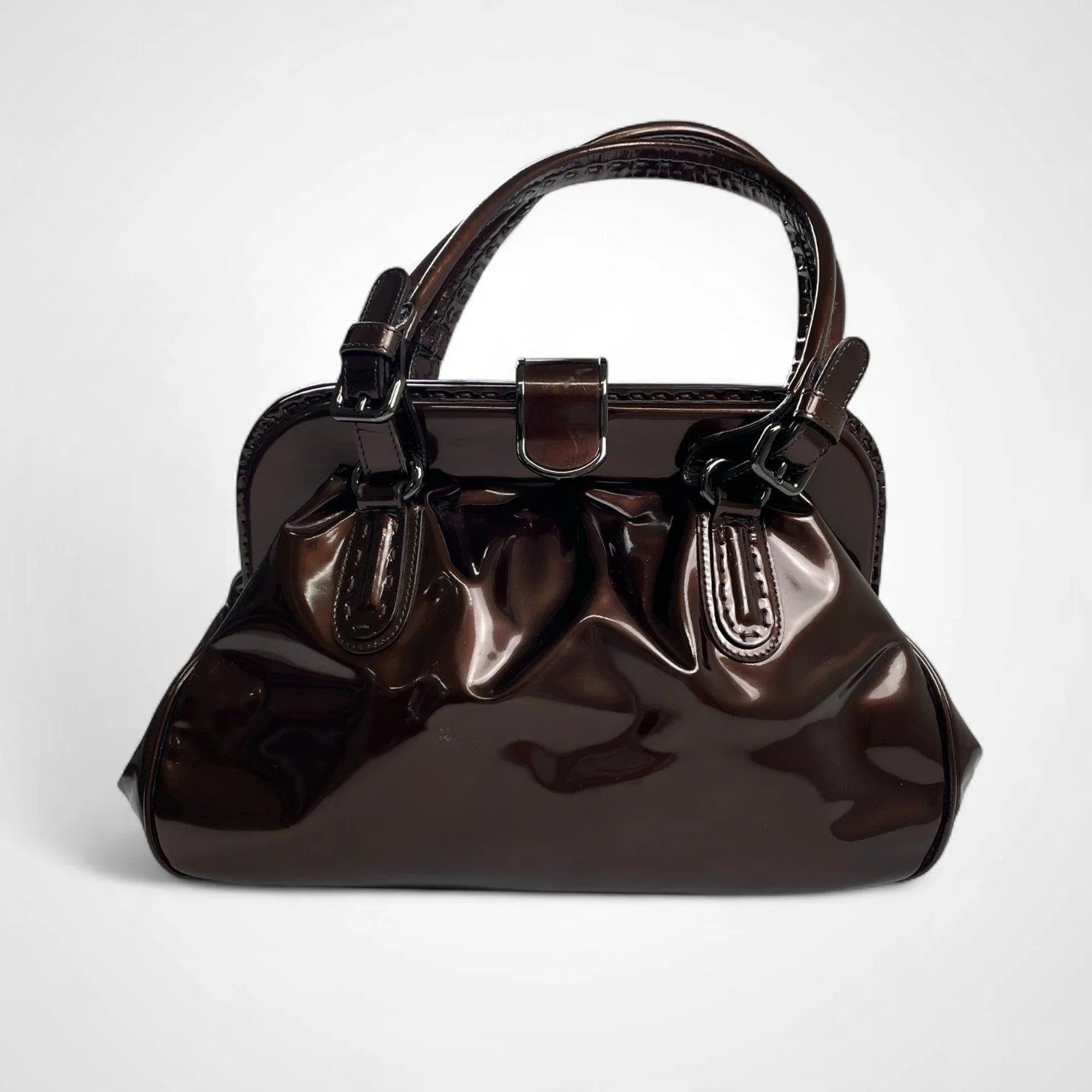 GIORGIO ARMANI ジョルジオ アルマーニ / パテントレザー ギャザードハンドバッグ がま口 YGW559 ブロンズ