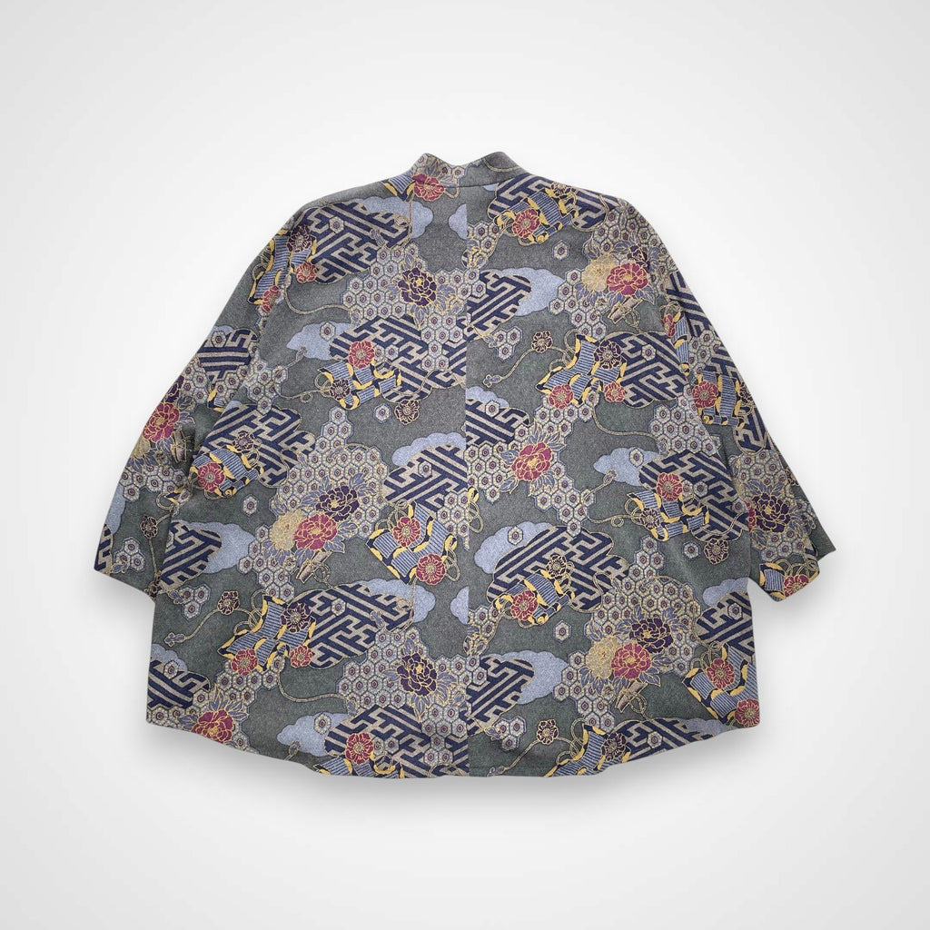 詩仙堂 SHISENDO COLLECTION / ちりめん ノーカラージャケット ブルー 日本製 参考定価：30,000程度 SIZE:FREE