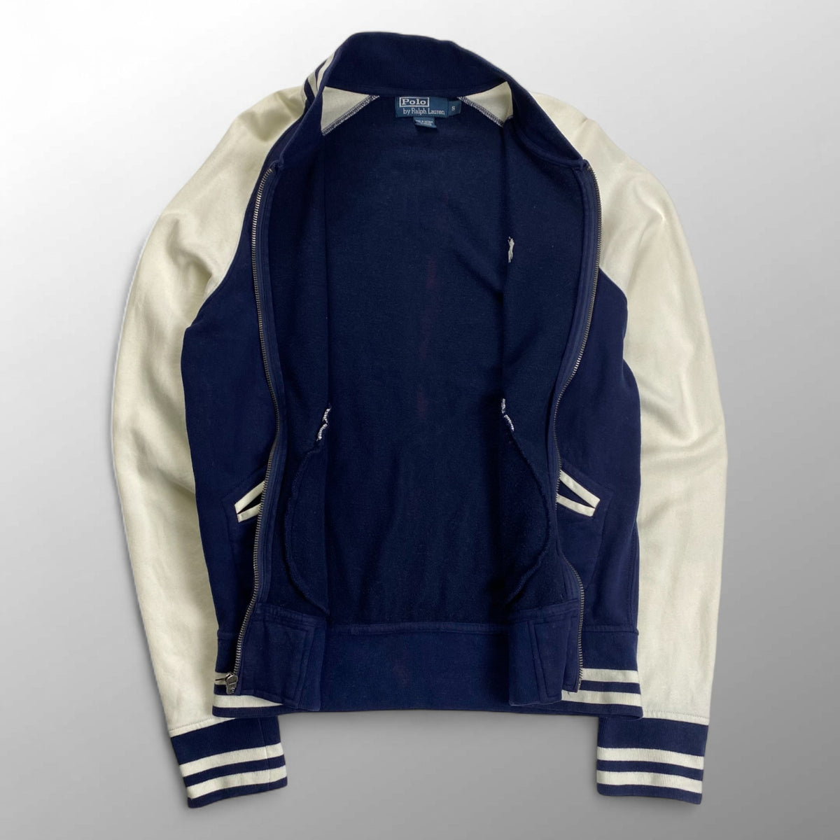 Polo by Ralph Lauren ポロ バイ ラルフローレン / 90s ジップアップスタジャン スウェットジャケット ネイビー×ホワイト CONMARジップ SIZE:S