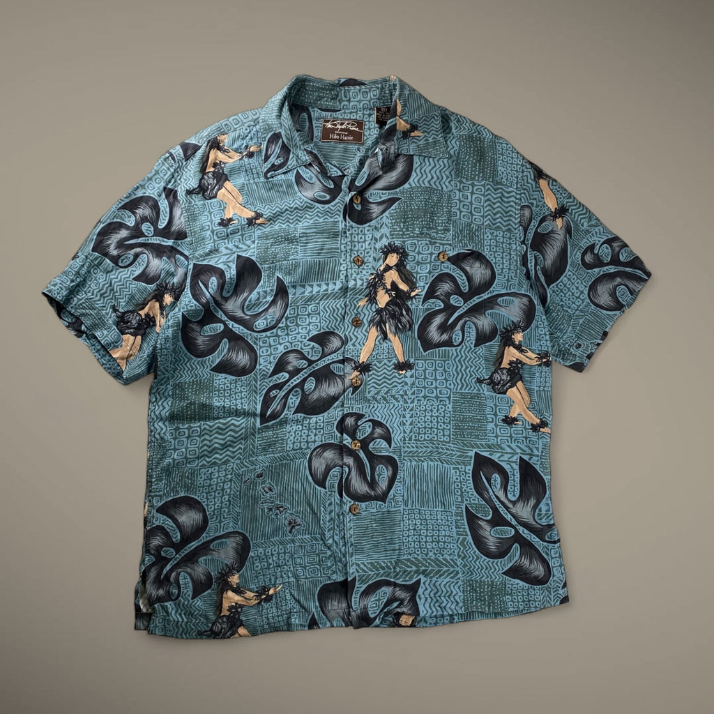 Hilo Hattie / シルク100％ アロハシャツ フラガール モンステラ SIZE：S（L程度）