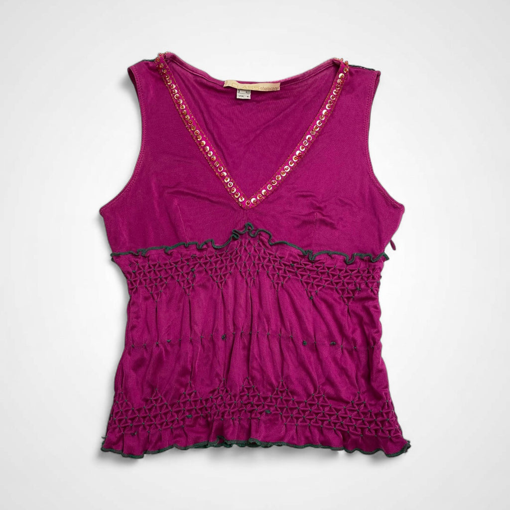 CLASS roberto cavalli ロベルト カヴァリ / シルク100％ ノースリーブ ビジューカットソー フリル 参考定価：35,000程度 SIZE:42(M程度)