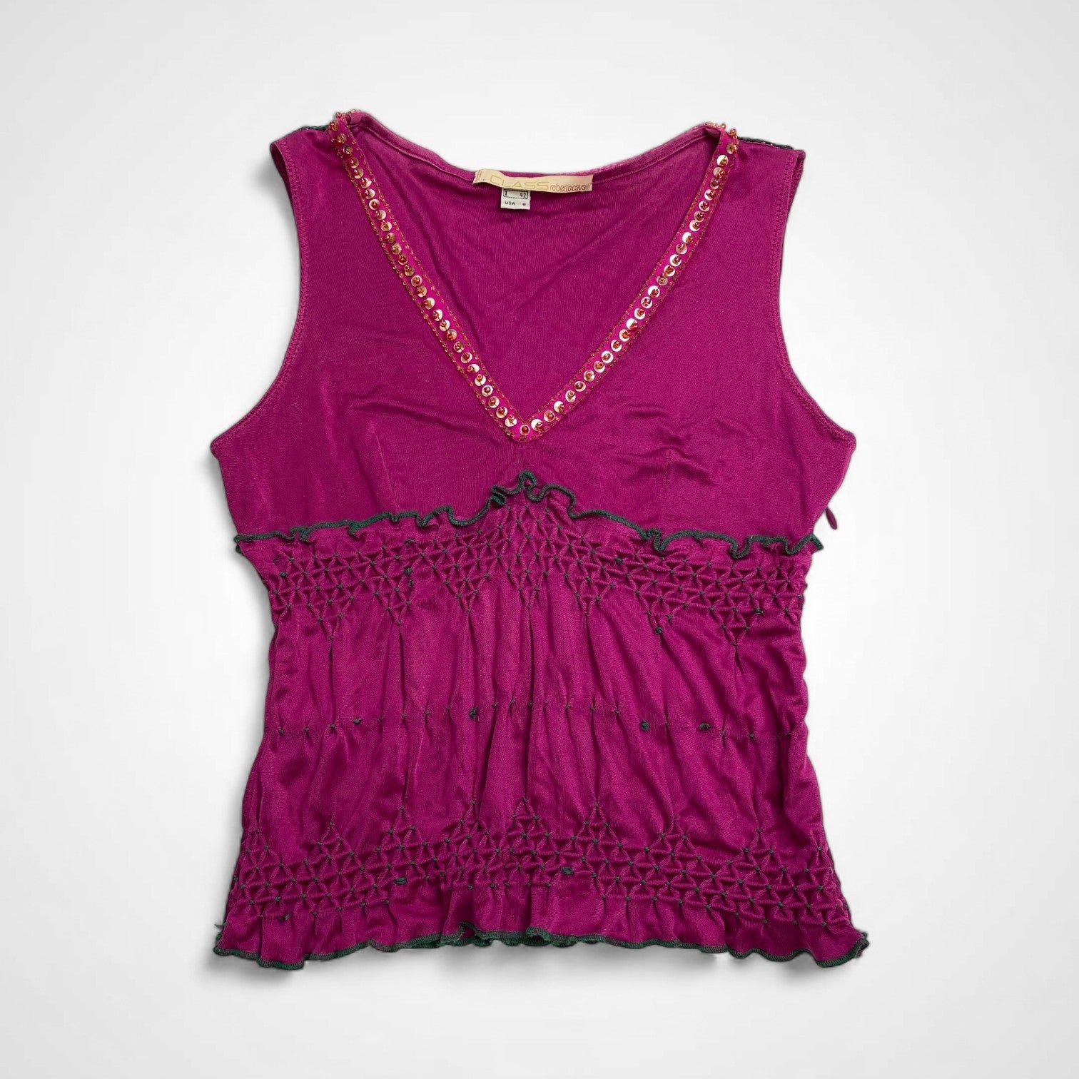 CLASS roberto cavalli ロベルト カヴァリ / シルク100％ ノースリーブ ビジューカットソー フリル 参考定価：35,000程度 SIZE:42(M程度)