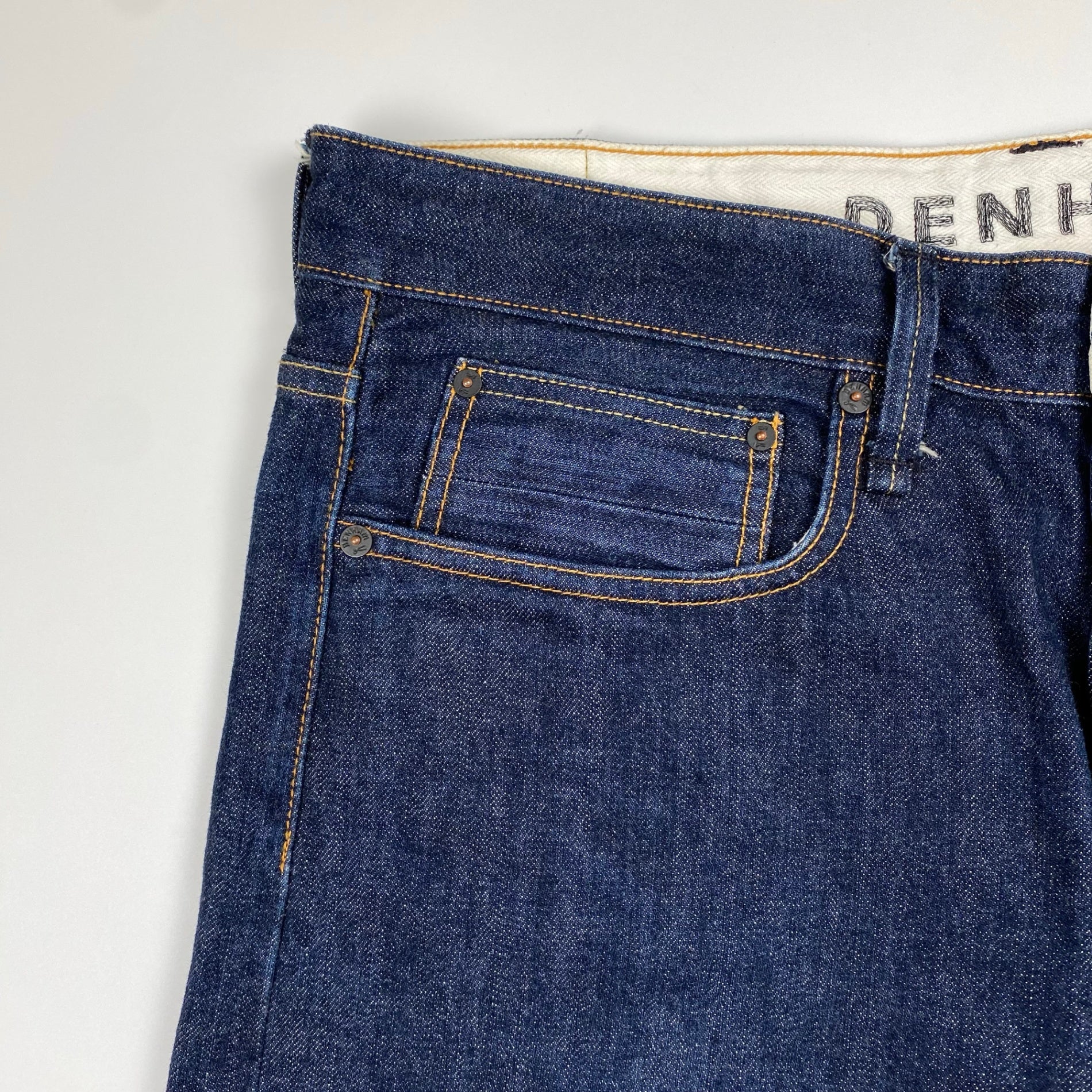 DENHAM デンハム / DRILL VJS regular fit denim pant デニムパンツ セルビッジ レザーパッチ ハサミスレキ 濃紺  SIZE:W34