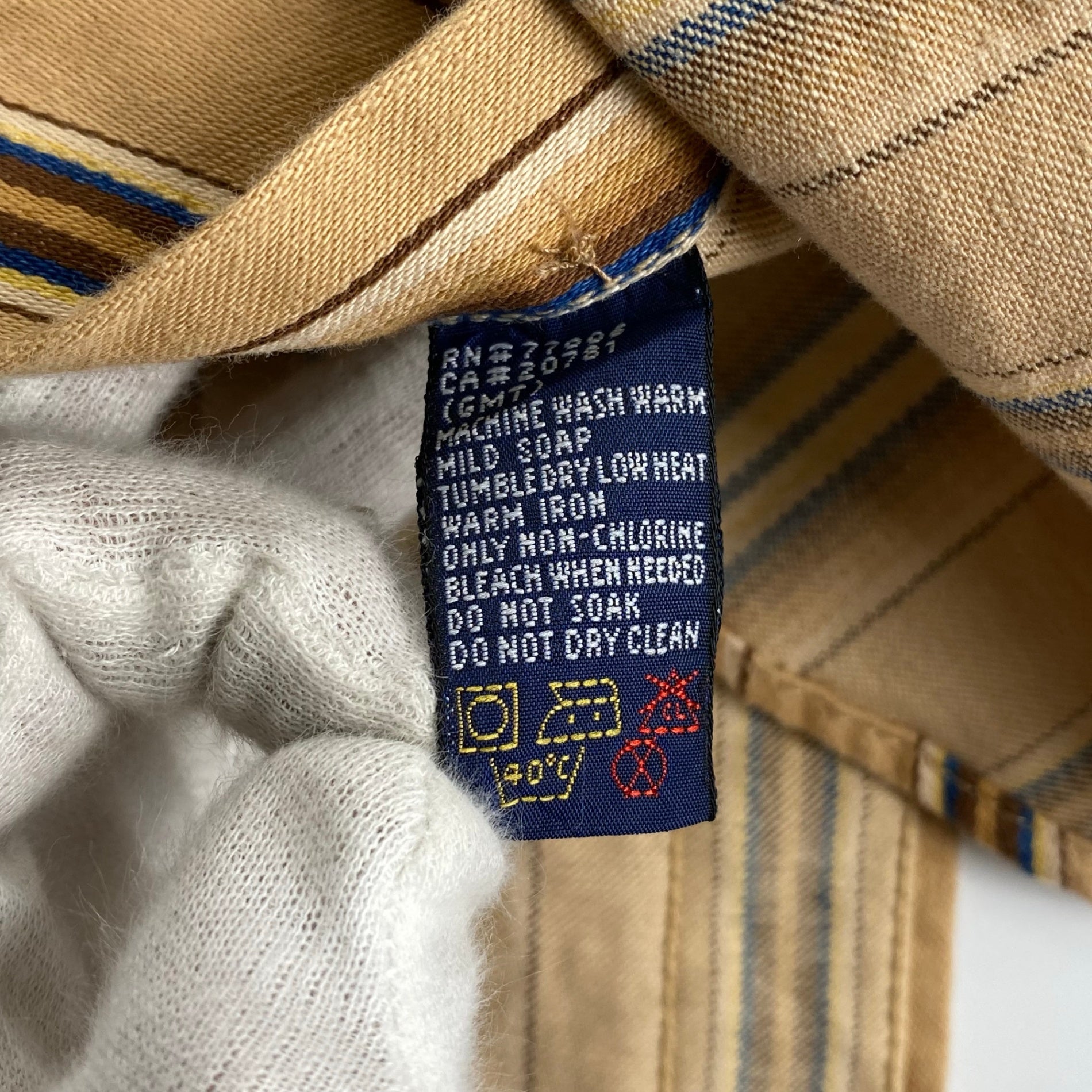 90s OLD TOMMY HILFIGER トミーヒルフィガー / ストライプ  ビッグシルエットシャツ ノーカラー バンドカラー エンブレム  SIZE：L（XXL程度）
