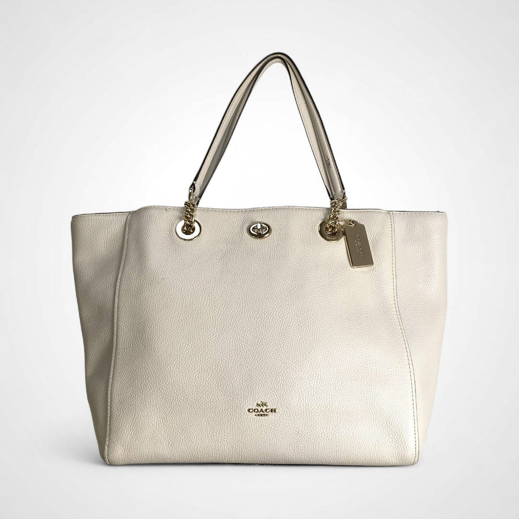 COACH コーチ / ターンロック チェーントートバッグ 本革 ブランドロゴプレート付