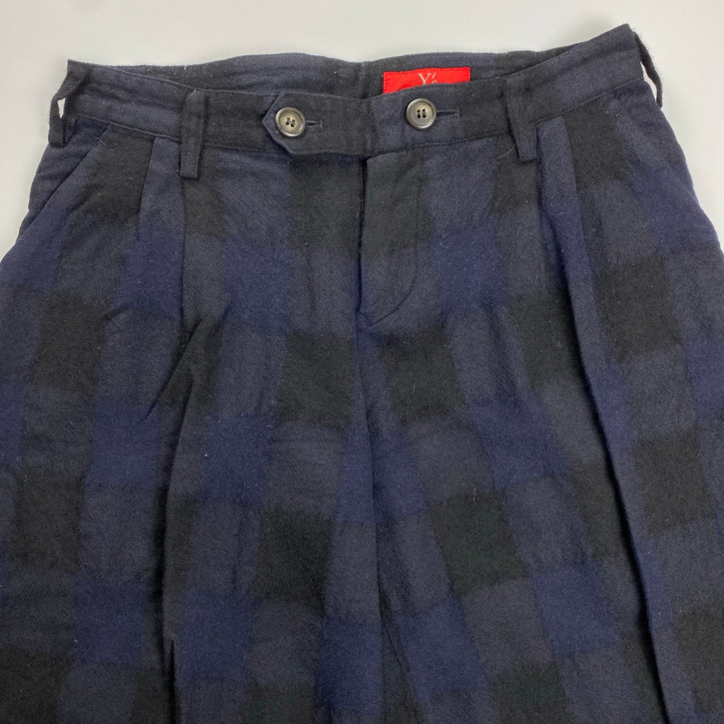 Y's ワイズ / ウール縮絨 チェック柄 2タッククロップドパンツ ネイビー×ブラック SIZE:1