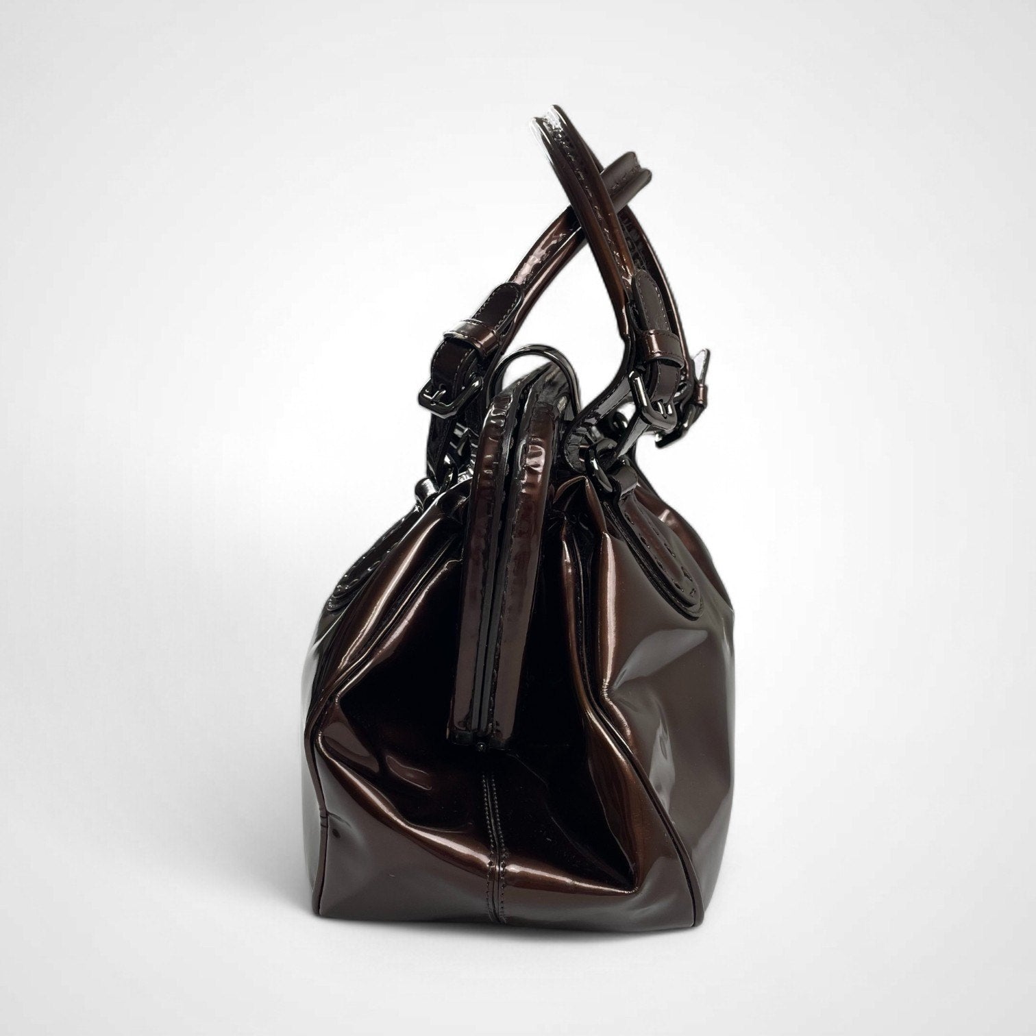 GIORGIO ARMANI ジョルジオ アルマーニ / パテントレザー ギャザードハンドバッグ がま口 YGW559 ブロンズ