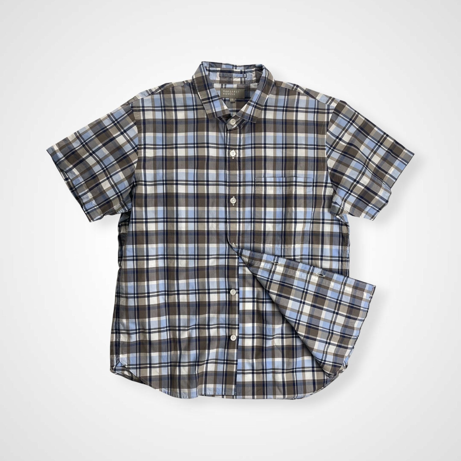 MARGARET HOWELL マーガレットハウエル / ポケット付 半袖チェックシャツ 参考定価：30,000程度 SIZE：S