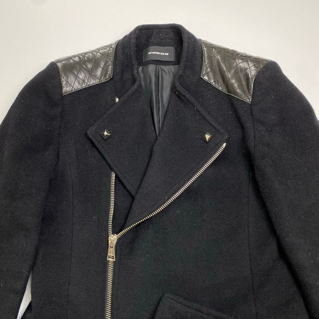 DIET BUTCHER SLIM SKIN ダイエットブッチャー スリムスキン / メルトン ライダースコート スタッズ レザー切替 ブラック SIZE：1