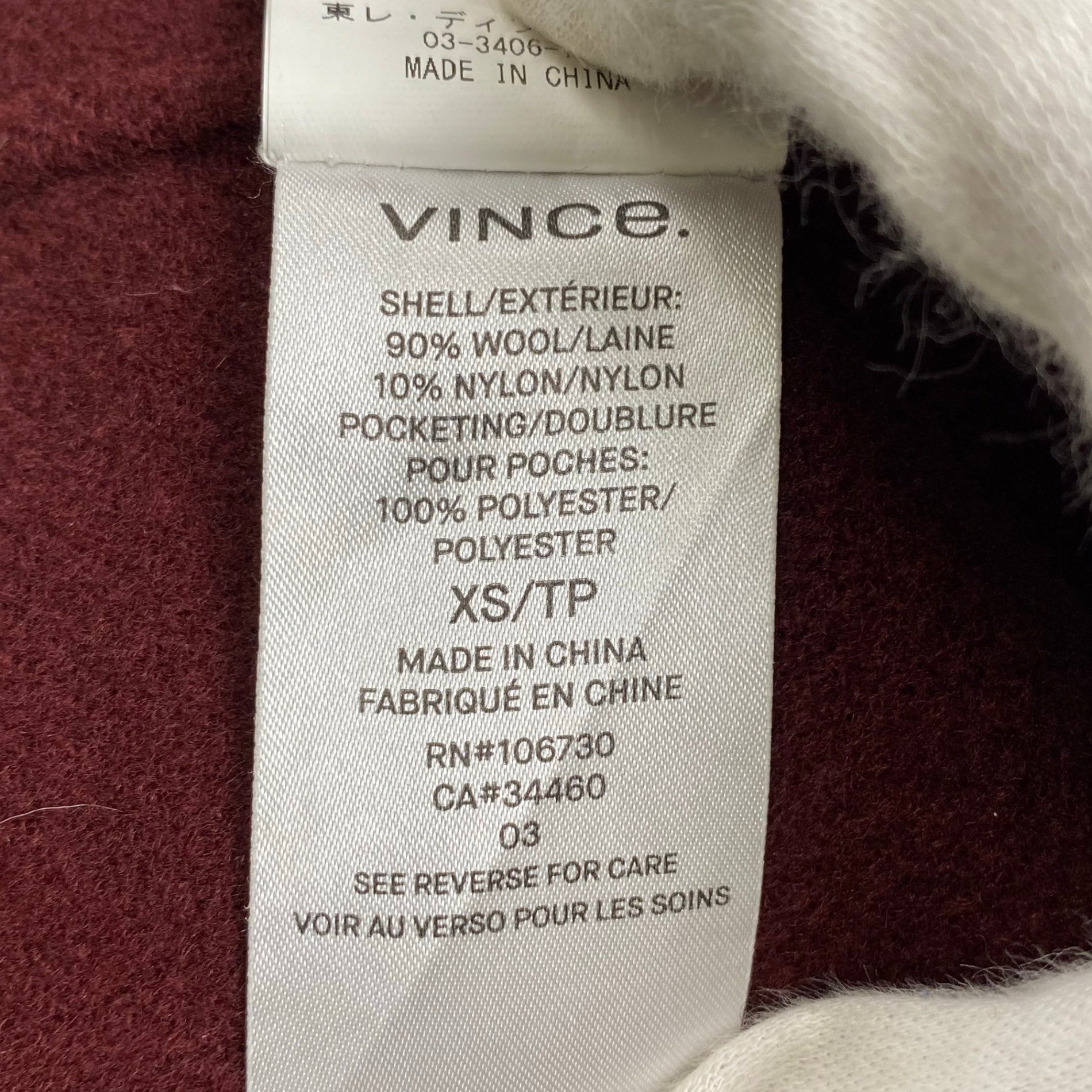 vince. ヴィンス / 1B ライトメルトンコート ワインレッド  参考定価：120,000程度 SIZE:XS