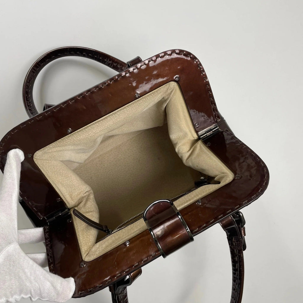 GIORGIO ARMANI ジョルジオ アルマーニ / パテントレザー ギャザードハンドバッグ がま口 YGW559 ブロンズ