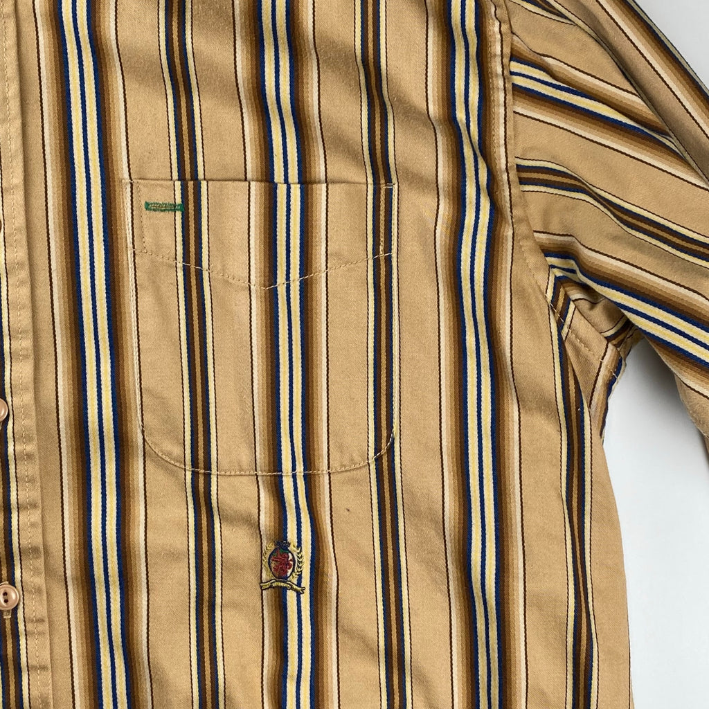 90s OLD TOMMY HILFIGER トミーヒルフィガー / ストライプ  ビッグシルエットシャツ ノーカラー バンドカラー エンブレム  SIZE：L（XXL程度）