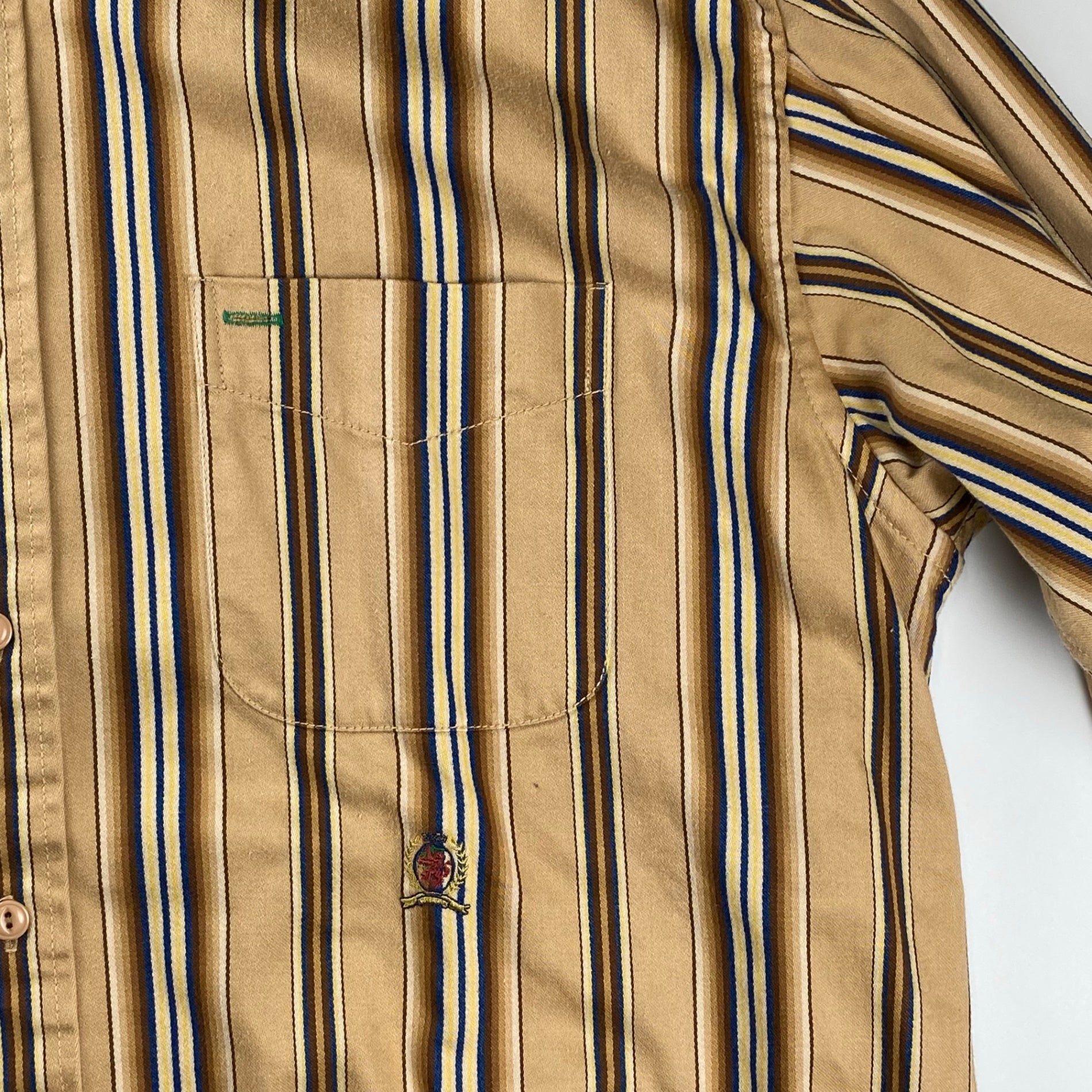 90s OLD TOMMY HILFIGER トミーヒルフィガー / ストライプ  ビッグシルエットシャツ ノーカラー バンドカラー エンブレム  SIZE：L（XXL程度）