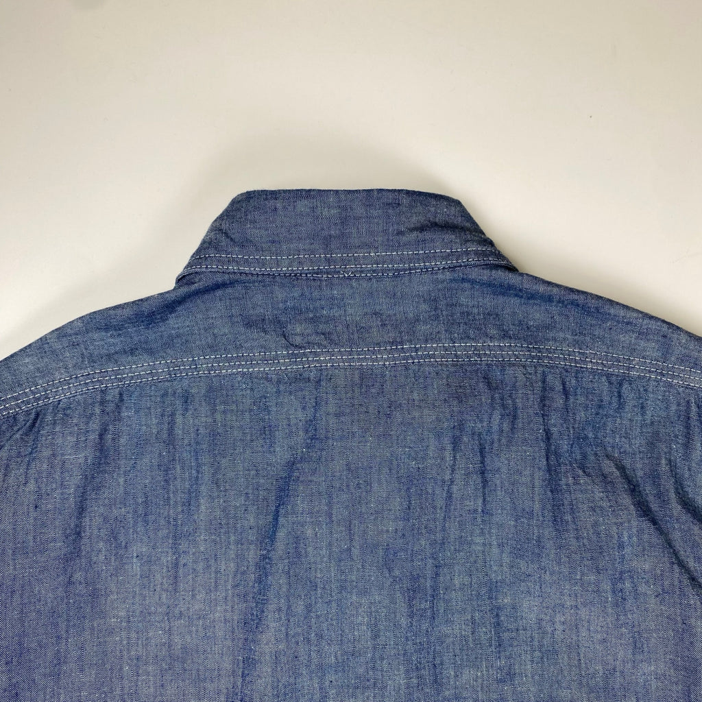 【極美品・タグ付】 KENNETH FIELD ケネスフィールド / CIGAR SHIRT シャンブレー トリプルステッチ チンストラップ マチ付 USA製 SIZE：L