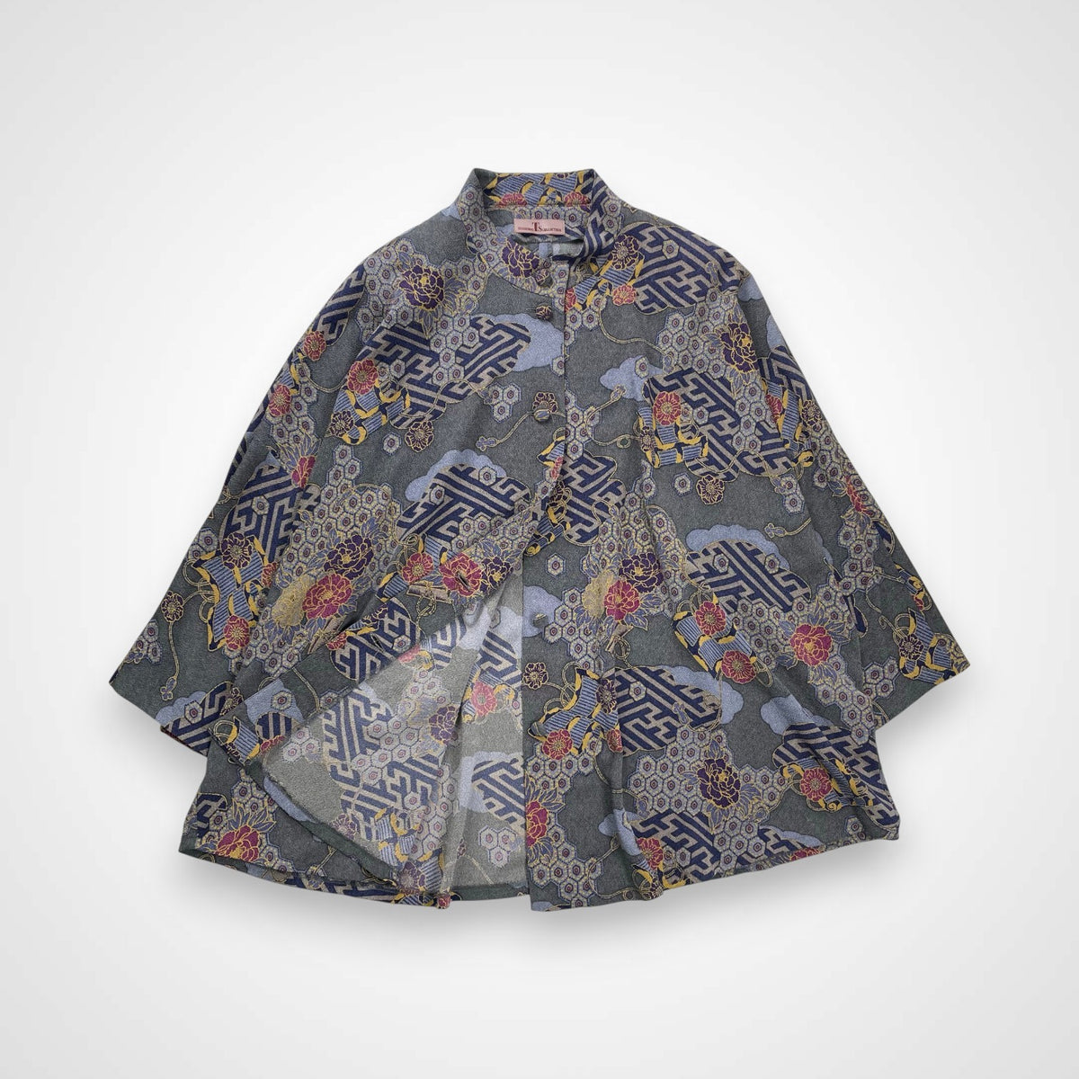 詩仙堂 SHISENDO COLLECTION / ちりめん ノーカラージャケット ブルー 日本製 参考定価：30,000程度 SIZE:FREE