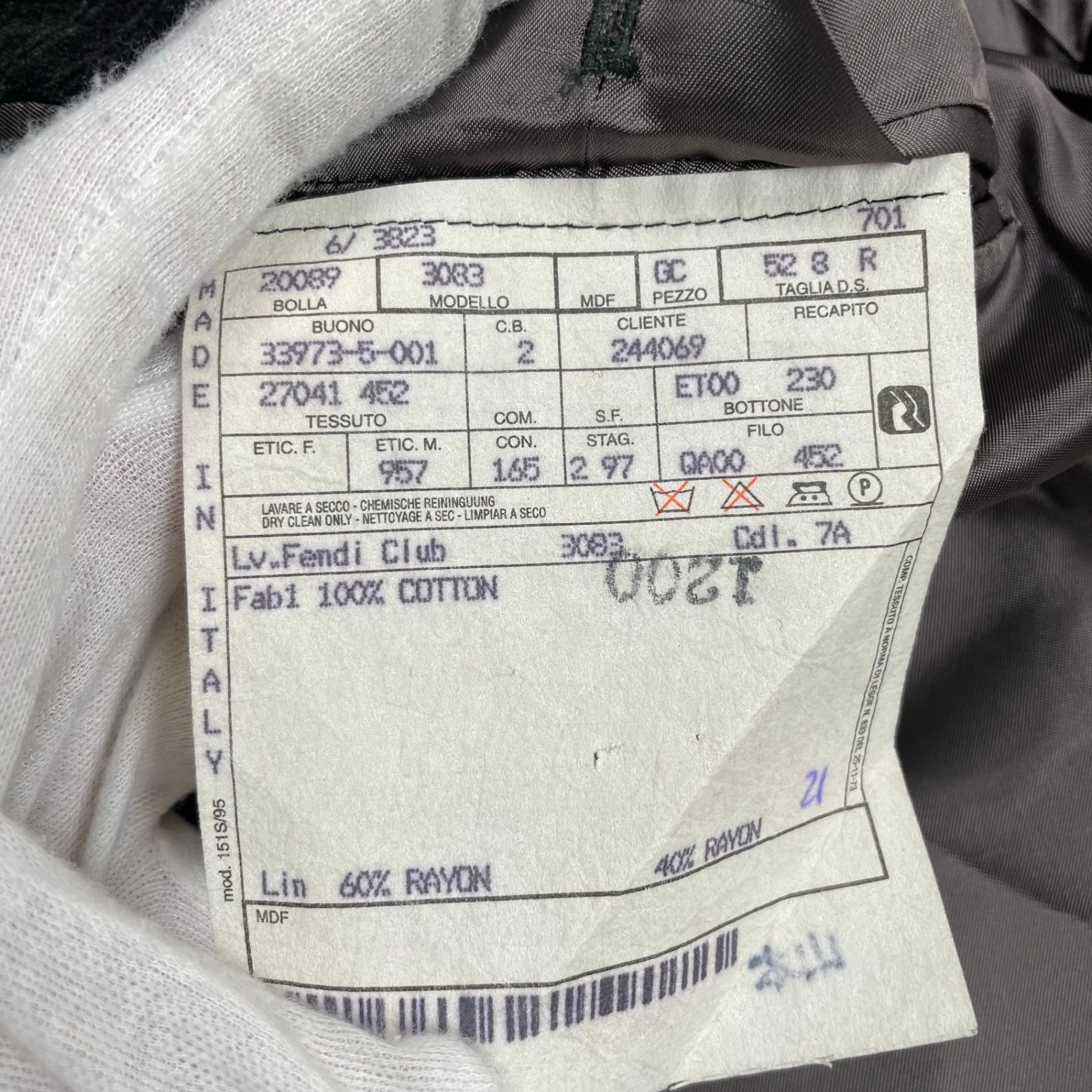 FENDI フェンディ / VINTAGE コットンベロア ジャケット MADE IN ITALY 参考定価：200,000程度 SIZE：52