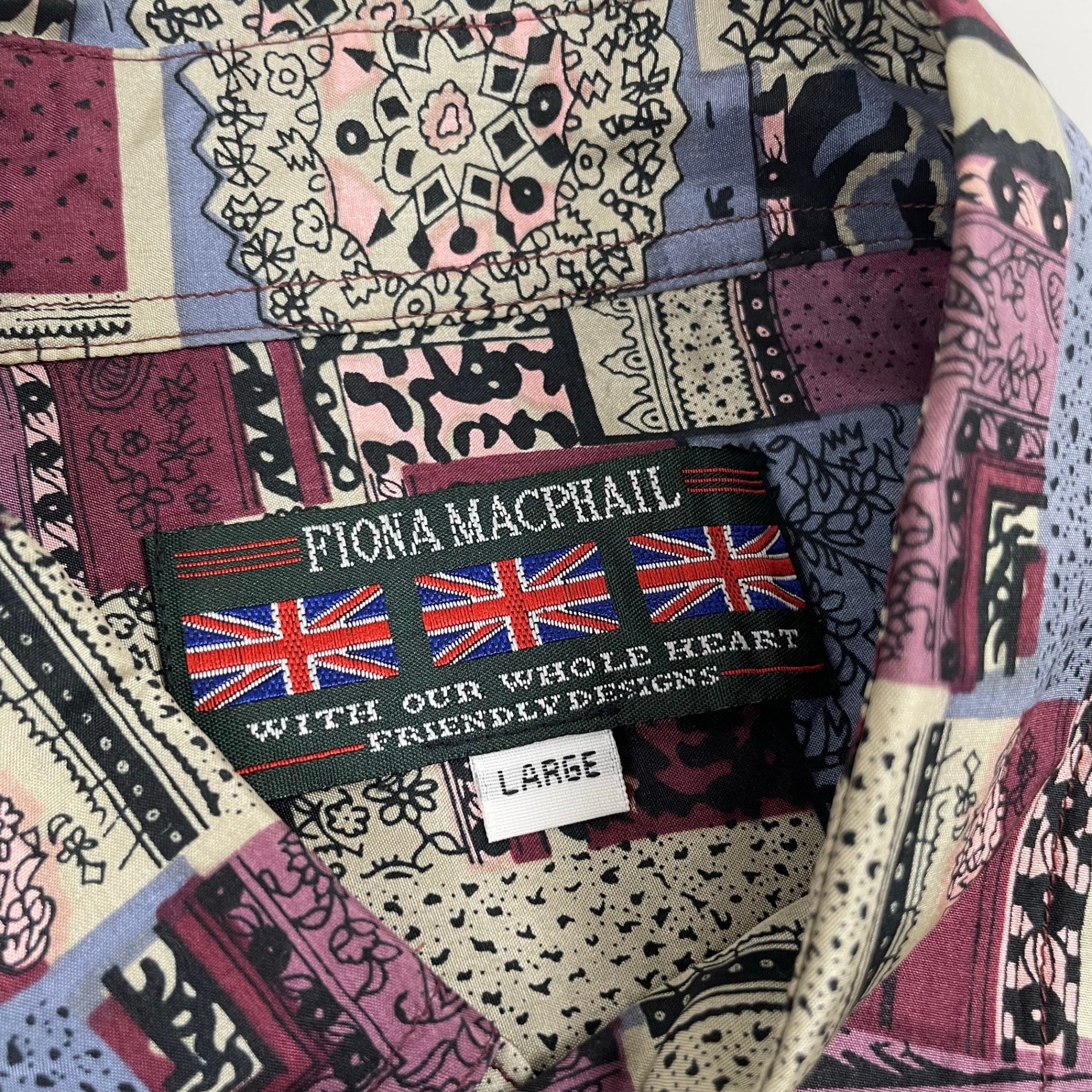 FIONA MACPHAIL / UKパッチワーク柄シルクシャツ モッズ 参考定価：18,000程度 SIZE:L