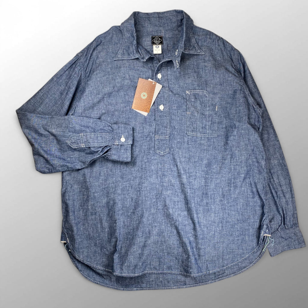 【極美品・タグ付】 POST OʼALLS ポストオーバーオールズ / POST NO.1 SHIRT classic chambray  チンストラップ ギャザー 参考定価：29,000+tax