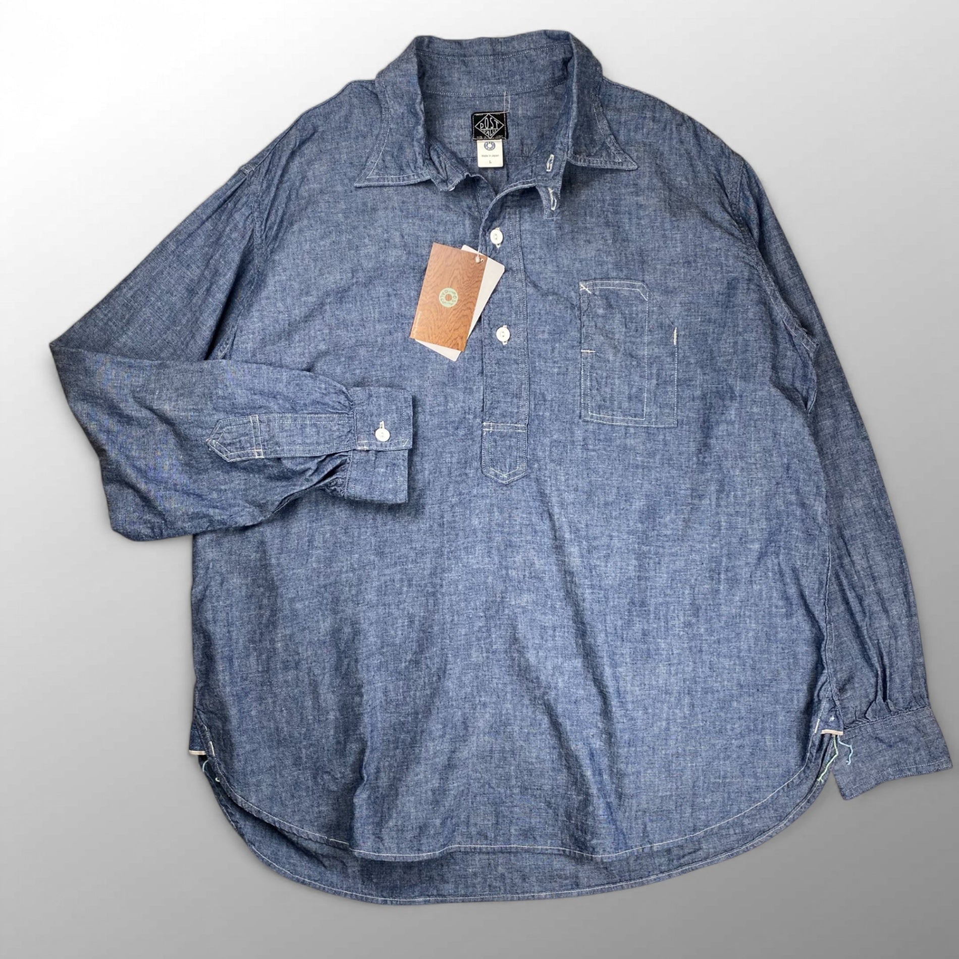 【極美品・タグ付】 POST OʼALLS ポストオーバーオールズ / POST NO.1 SHIRT classic chambray  チンストラップ ギャザー 参考定価：29,000+tax