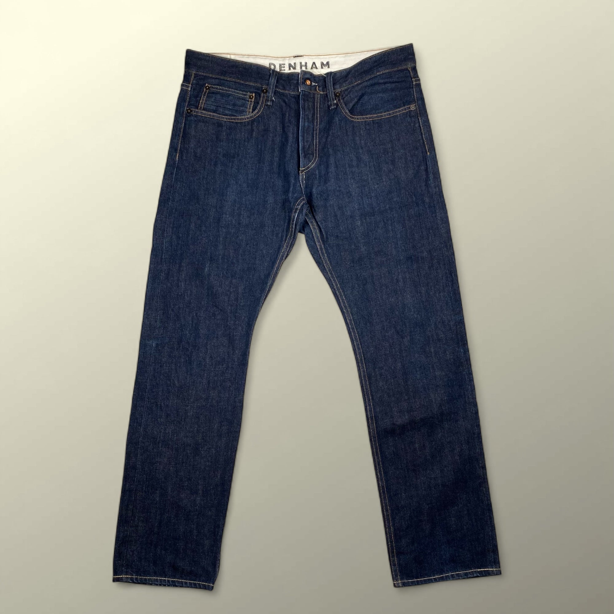 DENHAM デンハム / DRILL VJS regular fit denim pant デニムパンツ セルビッジ レザーパッチ ハサミスレキ 濃紺  SIZE:W34