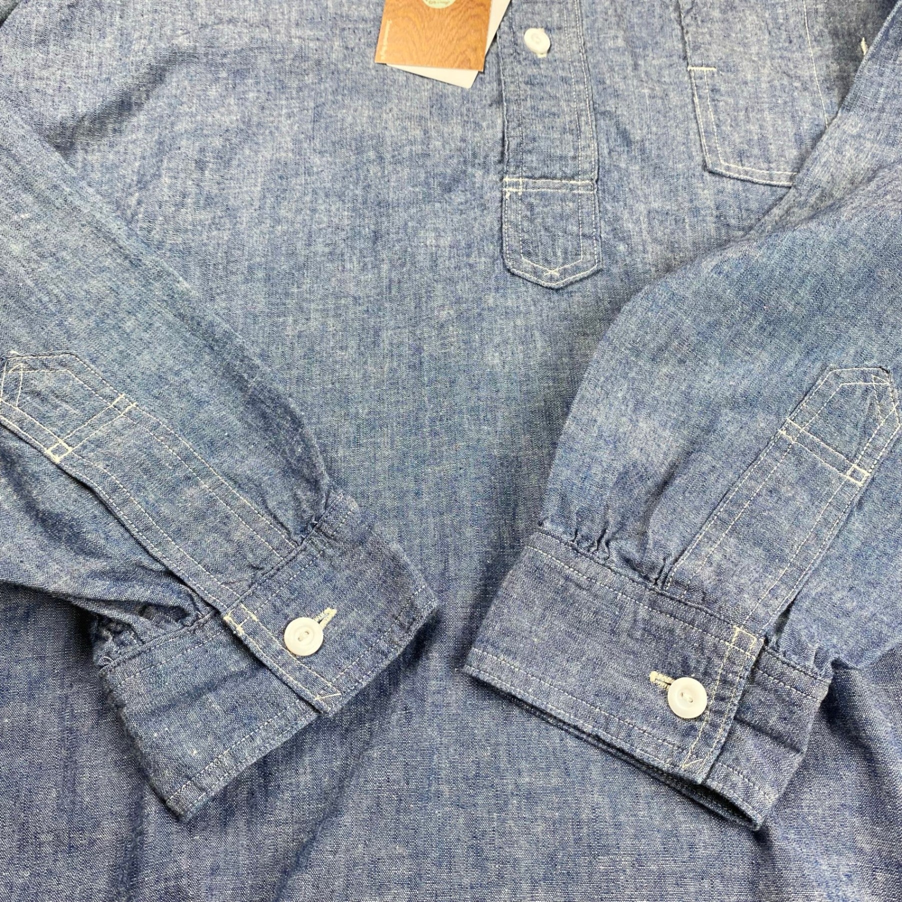 【極美品・タグ付】 POST OʼALLS ポストオーバーオールズ / POST NO.1 SHIRT classic chambray  チンストラップ ギャザー 参考定価：29,000+tax