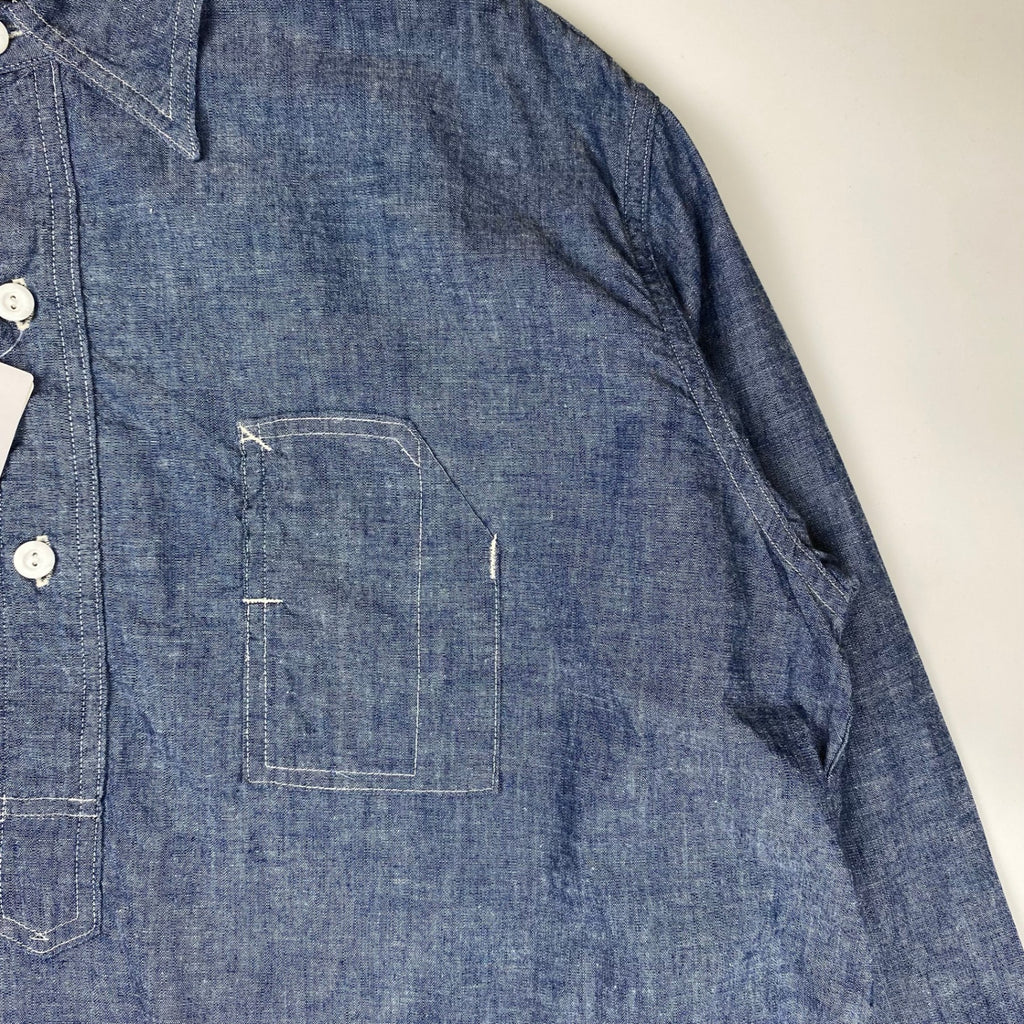 【極美品・タグ付】 POST OʼALLS ポストオーバーオールズ / POST NO.1 SHIRT classic chambray  チンストラップ ギャザー 参考定価：29,000+tax