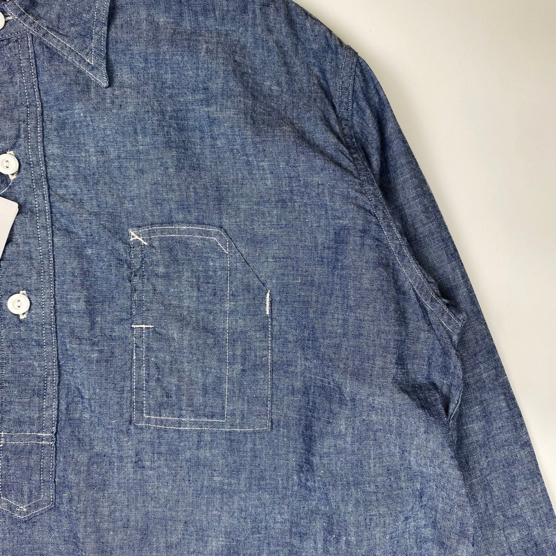 【極美品・タグ付】 POST OʼALLS ポストオーバーオールズ / POST NO.1 SHIRT classic chambray  チンストラップ ギャザー 参考定価：29,000+tax