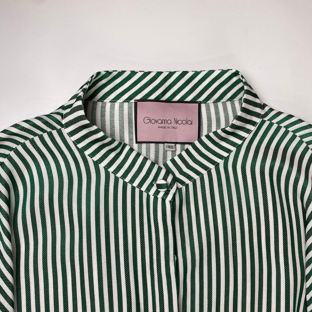 Giovanna Nicolai ジョバンナ ニコライ / ストライプフレアスリーブワンピース ホワイト×グリーン 参考定価：80,000程度 SIZE:40