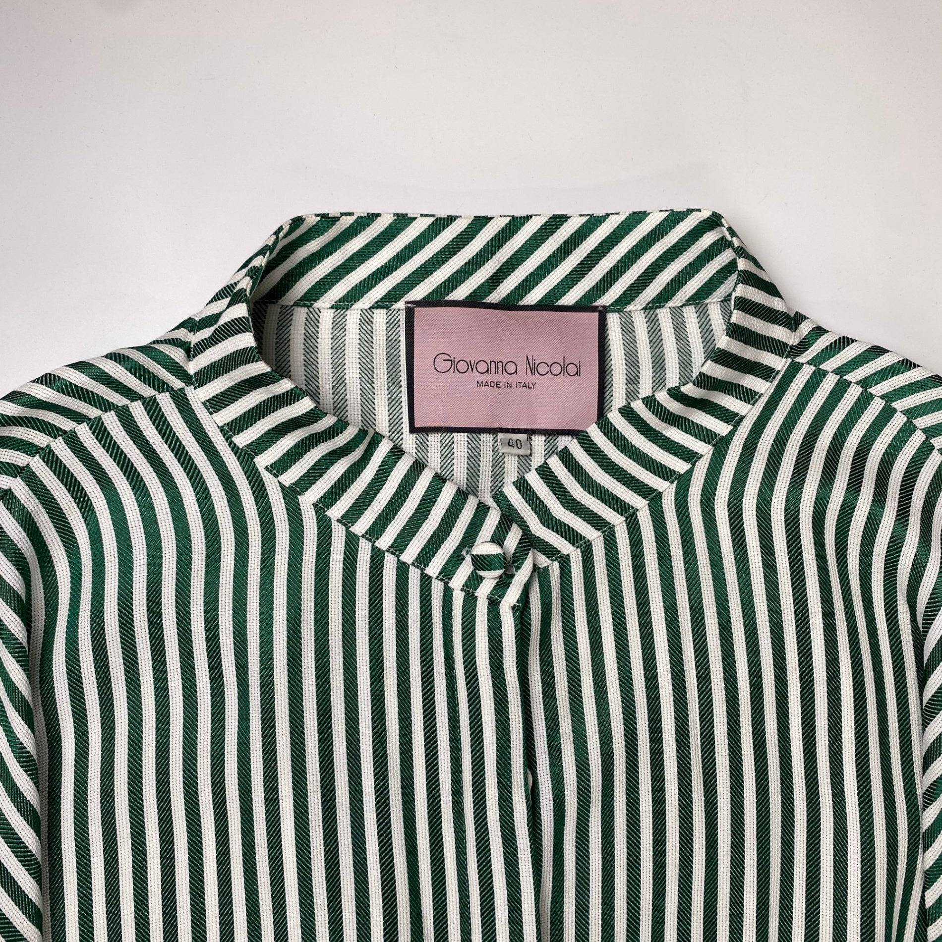 Giovanna Nicolai ジョバンナ ニコライ / ストライプフレアスリーブワンピース ホワイト×グリーン 参考定価：80,000程度 SIZE:40