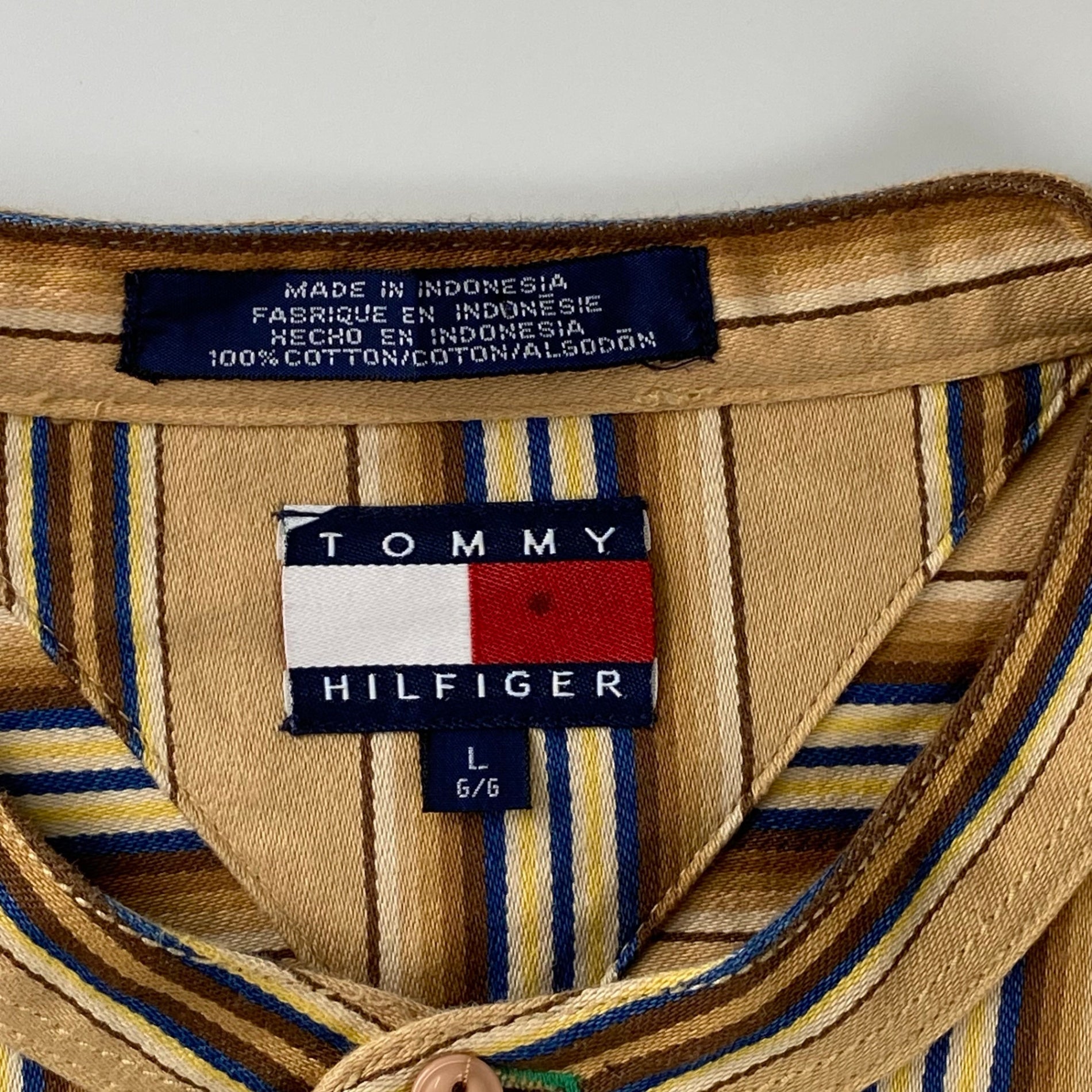 90s OLD TOMMY HILFIGER トミーヒルフィガー / ストライプ  ビッグシルエットシャツ ノーカラー バンドカラー エンブレム  SIZE：L（XXL程度）